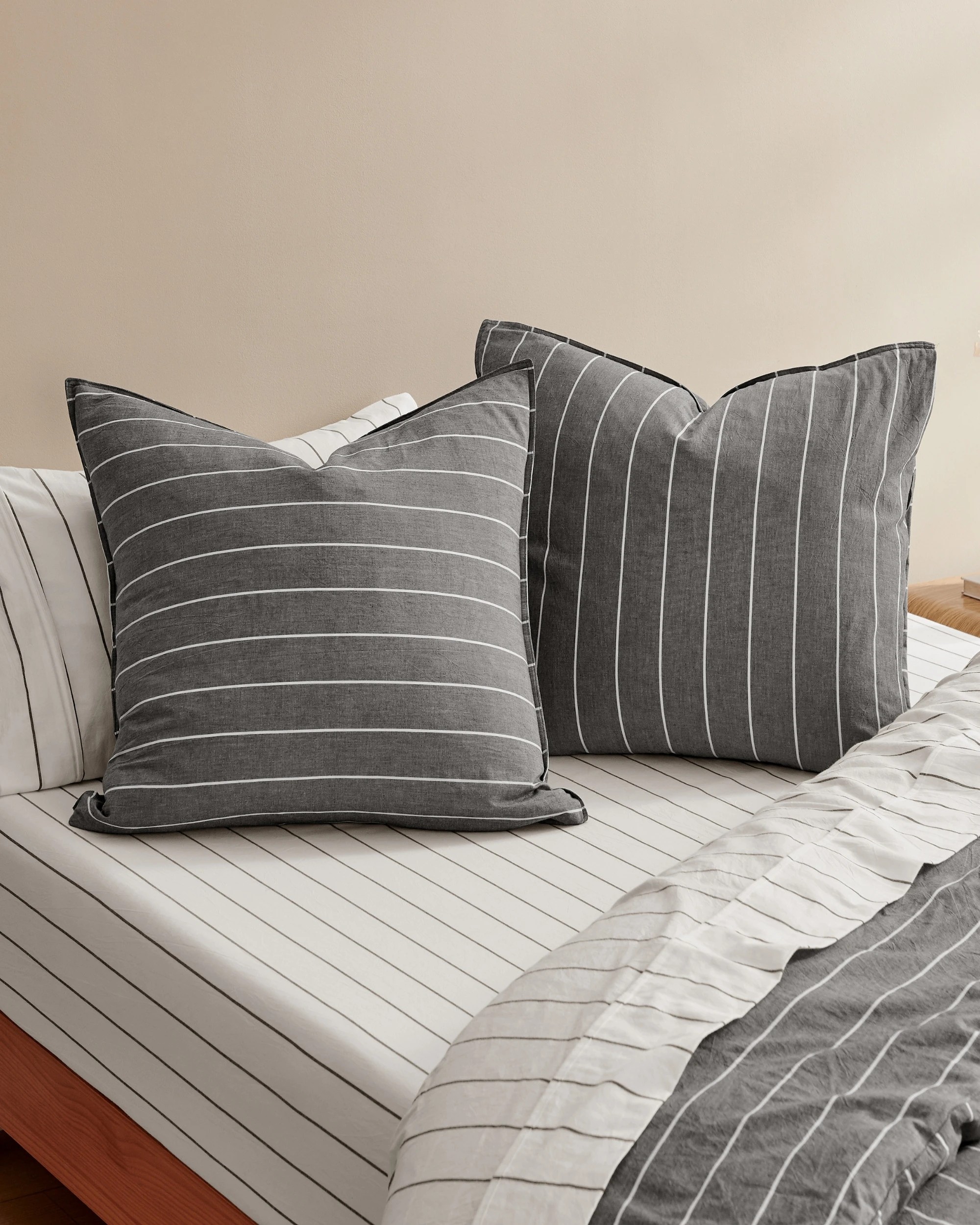 1 Dreamaker Rumi Stripe Washed Cotton Reversible European Pillowcase Twin Pack - Graphite with White, 1 of 4