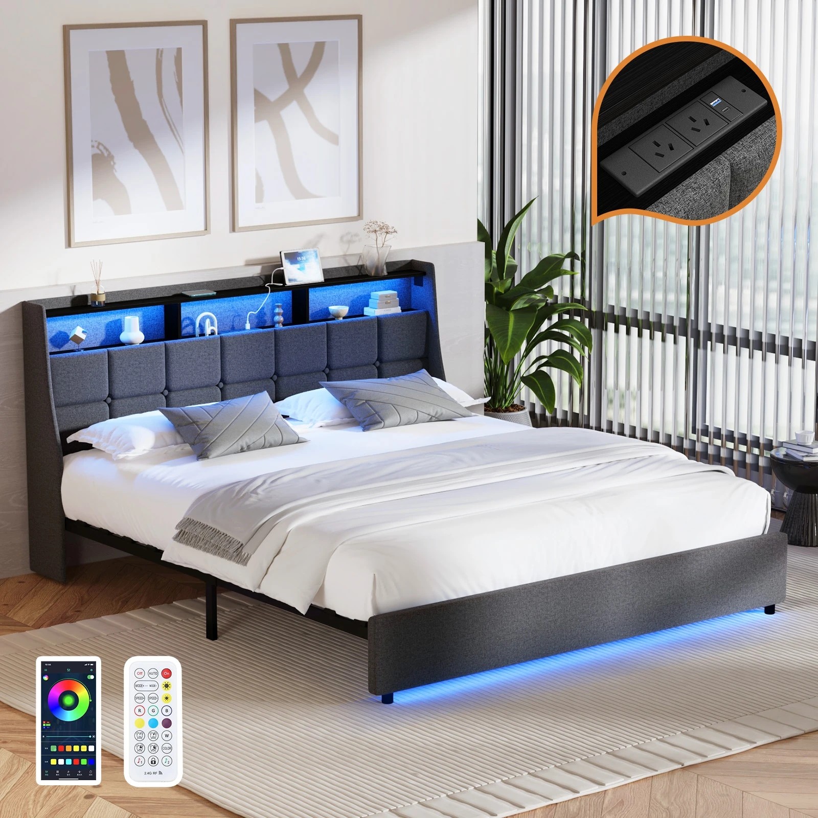 3 Oikiture King Size Bed Frame LED Storag Headboard & Charging Station - Grey, 3 of 7