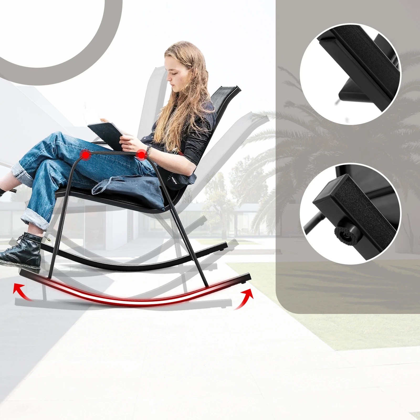 4 Costway 2pcs Patio Rocking Chair Ergonomic Rockers w/Breathable Fabric Seat - Black, 4 of 5