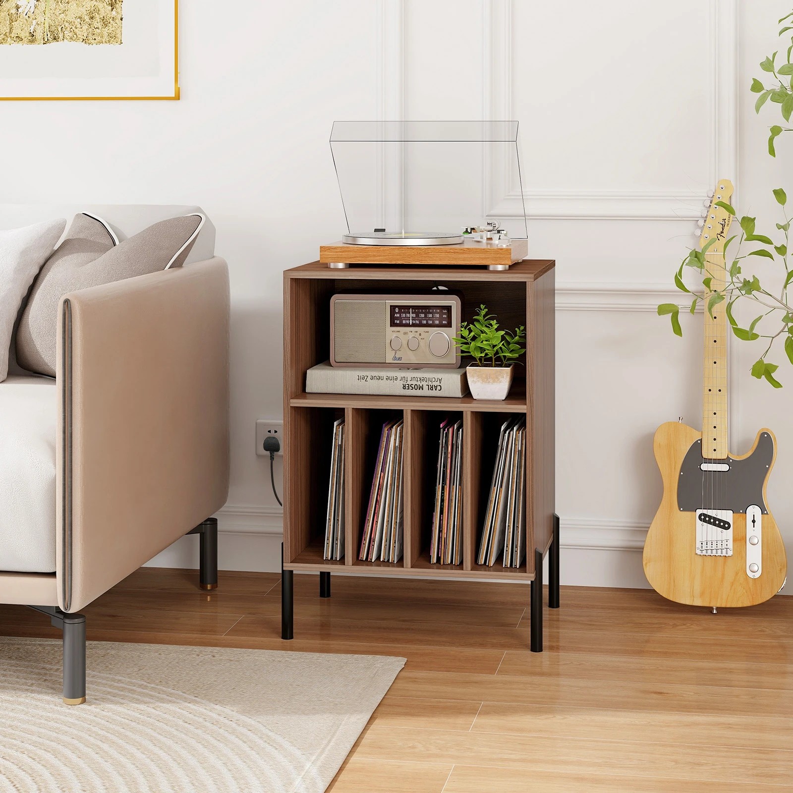 3 Costway Record Player Stand Turntable Stand w/Charging Station & USB Port - Brown, 3 of 4