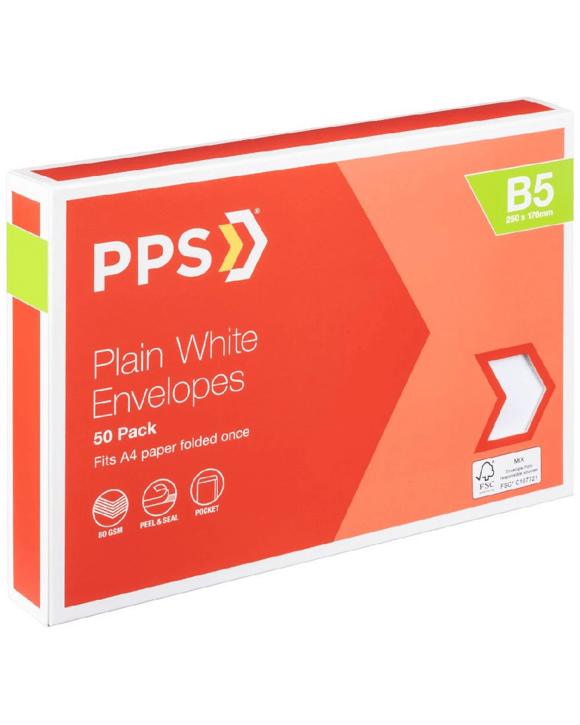 PPS B5 Plain Faced Envelopes White 50 Pack