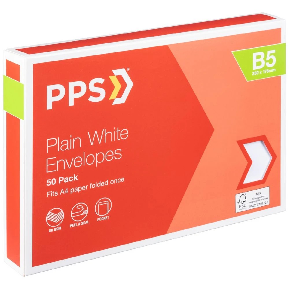 1 PPS B5 Plain Faced Envelopes White 50 Pack, 1 of 4
