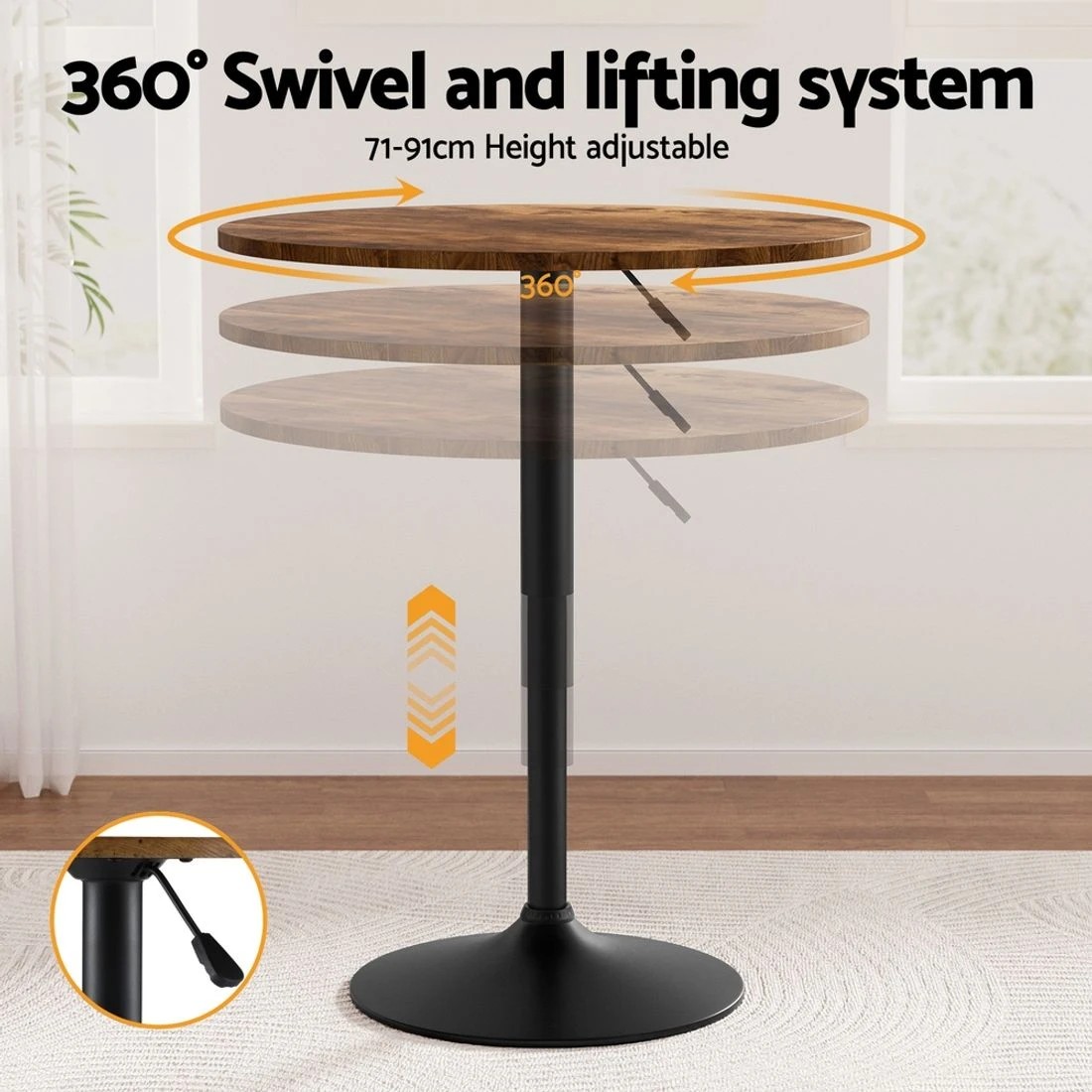5 Artiss Height Adjustable Bar Table 360 Swivel Round Gaslift Design 60cm Rustic - Brown, 5 of 7