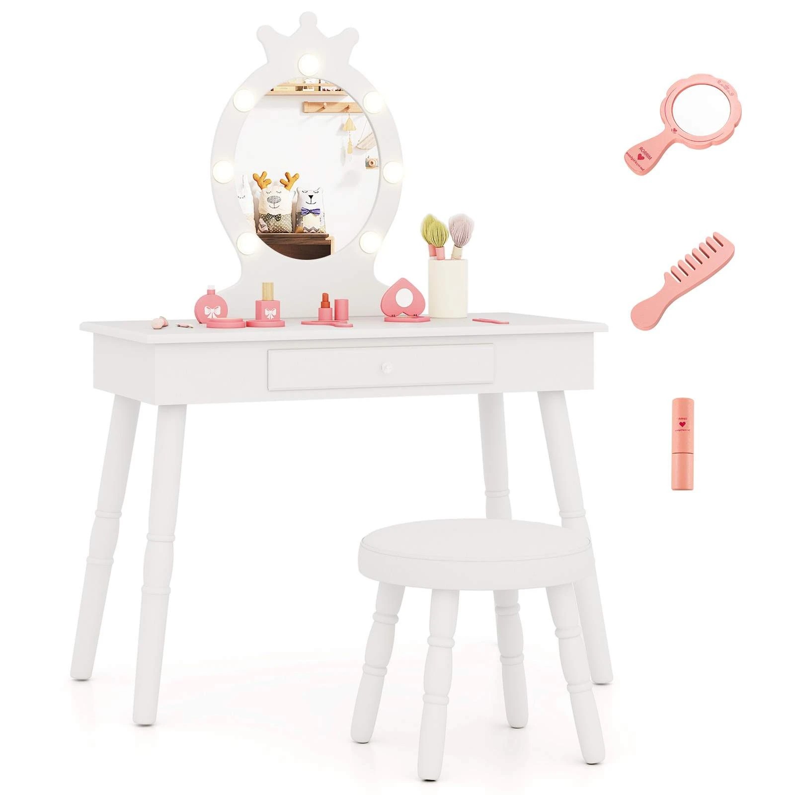 1 Costway 2-in-1 Vanity Princess Makeup Dressing Table Set w/Mirror, 1 of 3