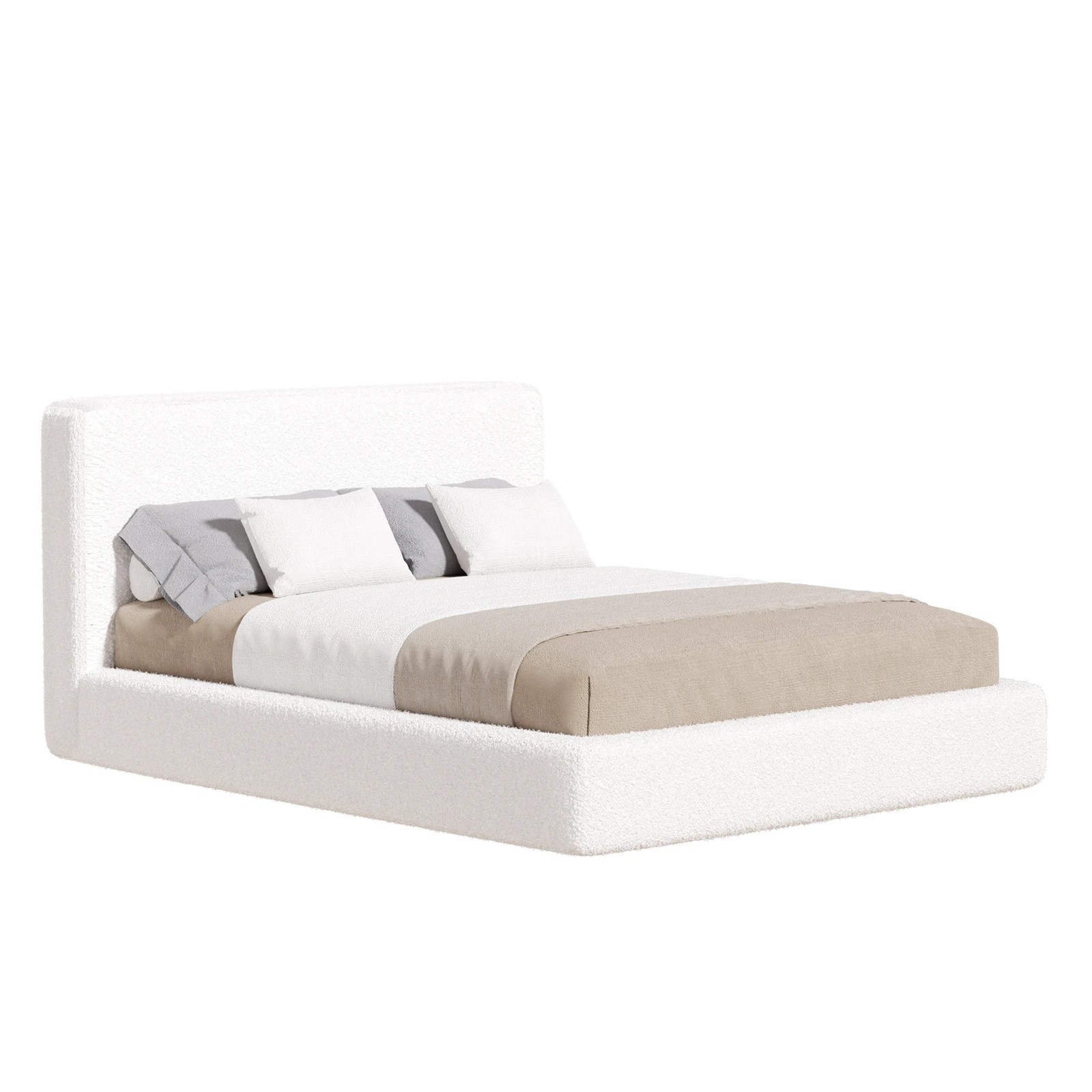 1 Advwin Queen Bed Frame with Boucle Fabric Headboard 8CM Foam Cushioned - White, 1 of 9