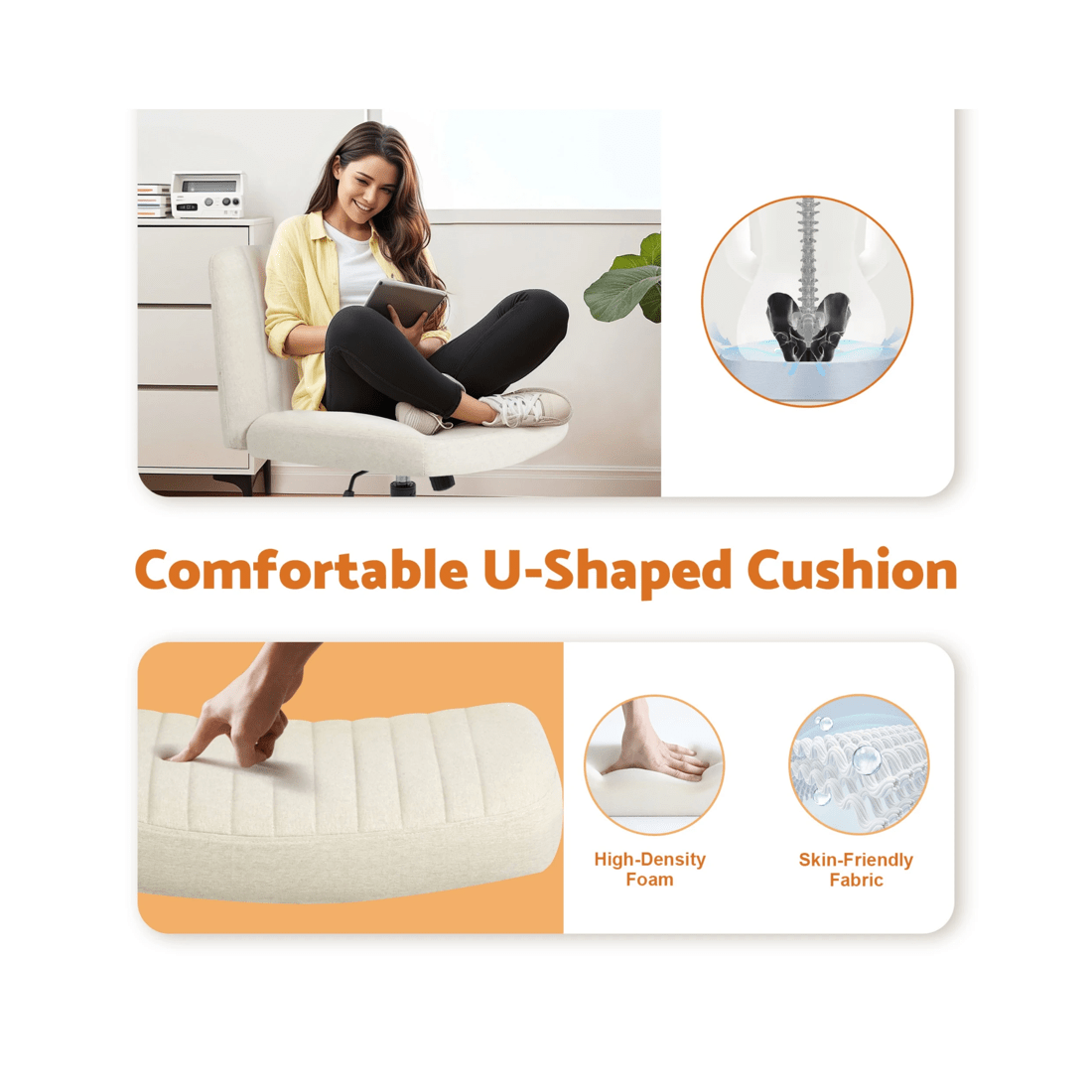 6 Advwin Armless Cross-Legged Office Chair Swivel Vanity Chair Beige, 6 of 9