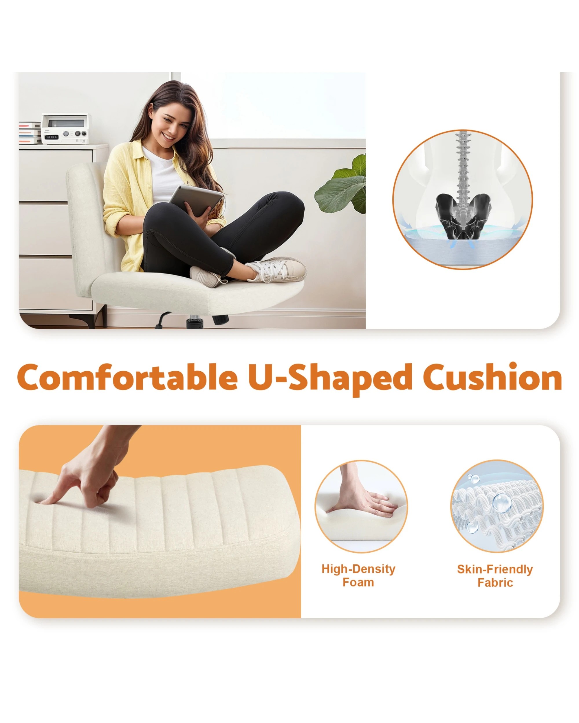 6 Advwin Armless Cross-Legged Office Chair Swivel Vanity Chair Beige, 6 of 9