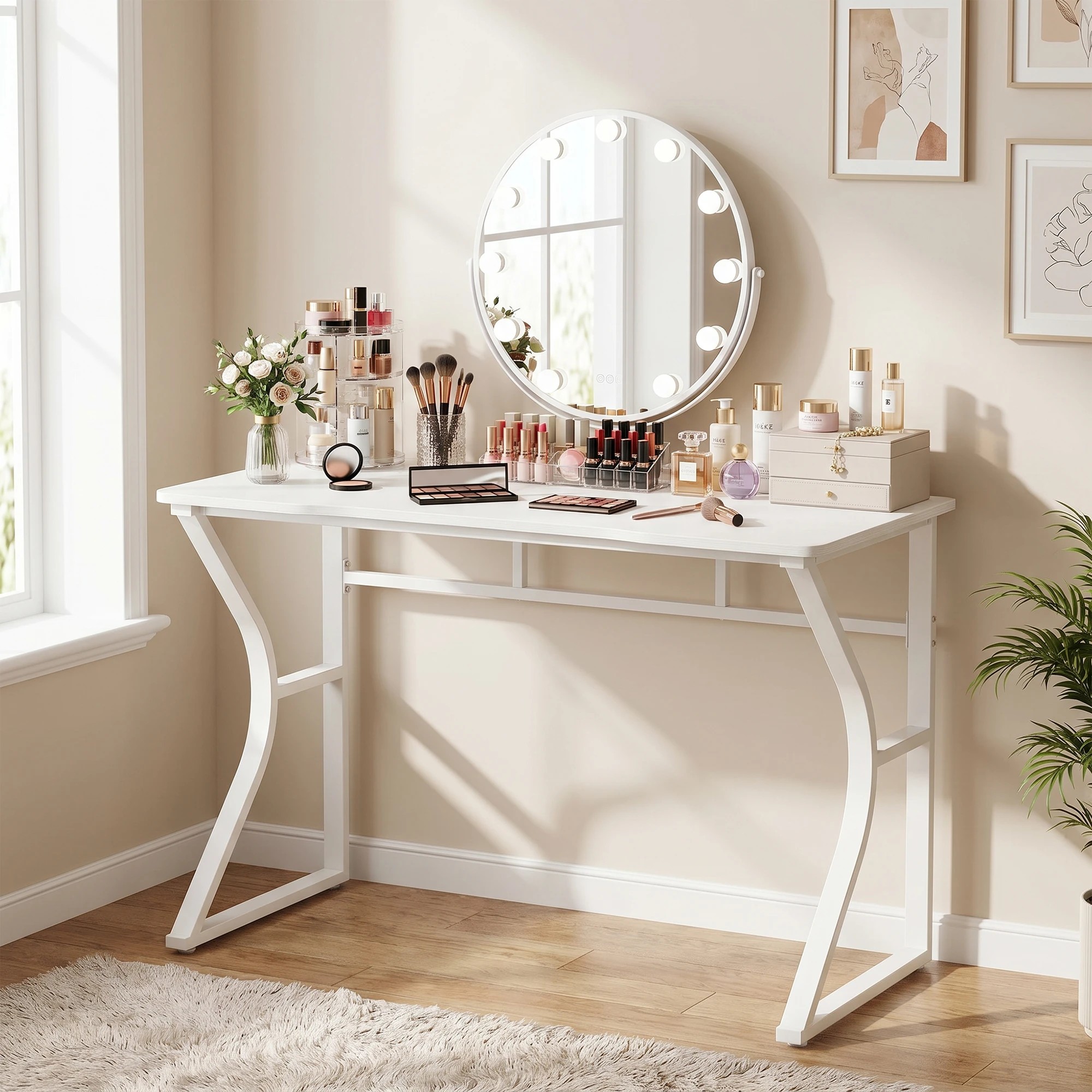 3 Advwin 120cm Computer Desk with Cable Holes, Home Office Desk with K-Shape Metal Legs, Spacious Workstation - White, 3 of 7