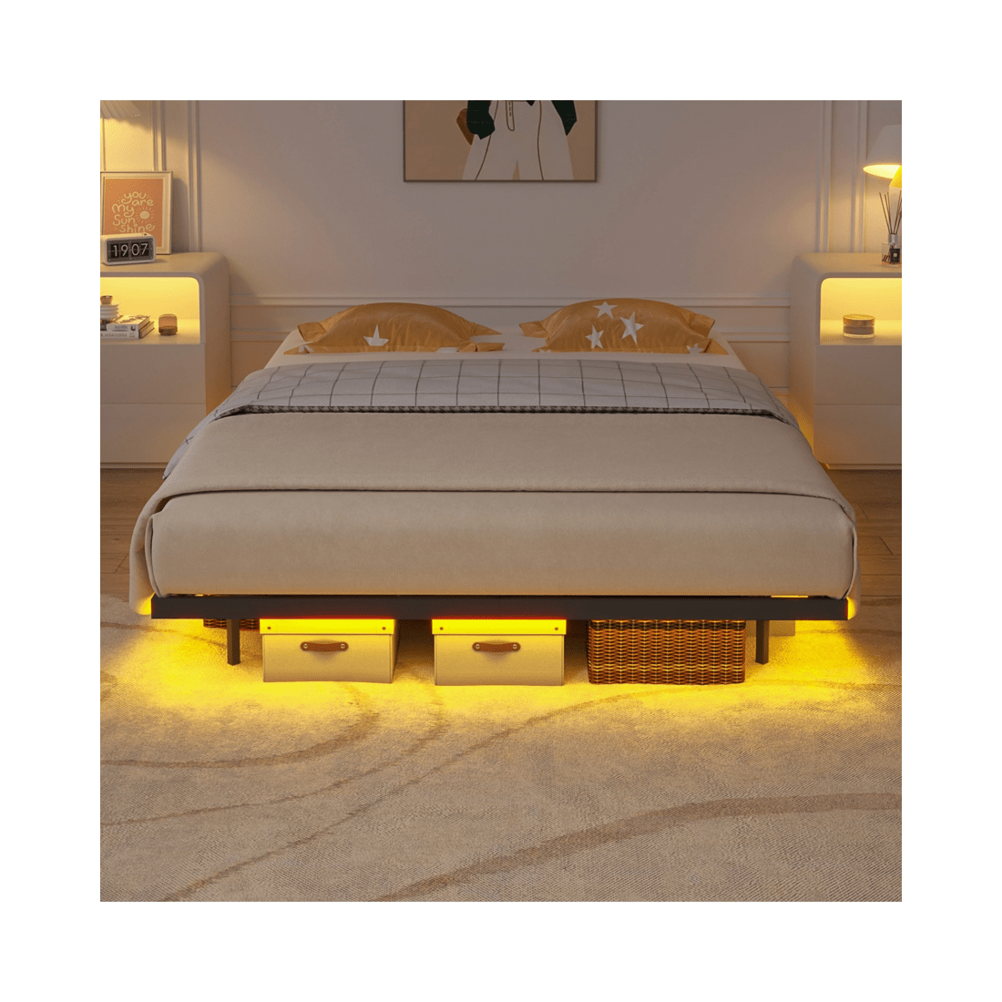 8 Advwin Double Floating Bed Frame With LED Lights Metal Platform Black, 8 of 10