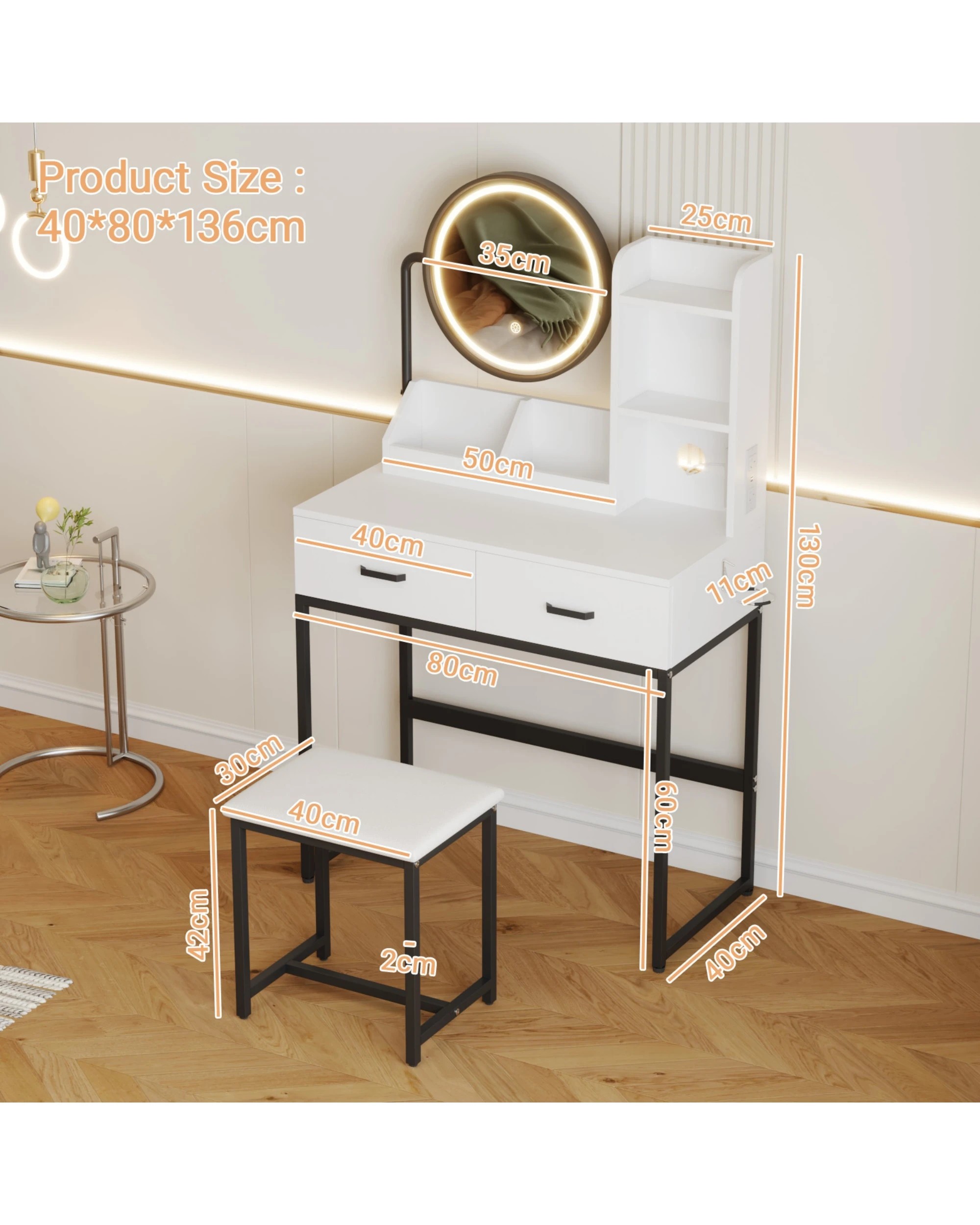 7 Advwin Dressing Table Set Power Outlet Led 360° Adjustable Mirror, 7 of 9