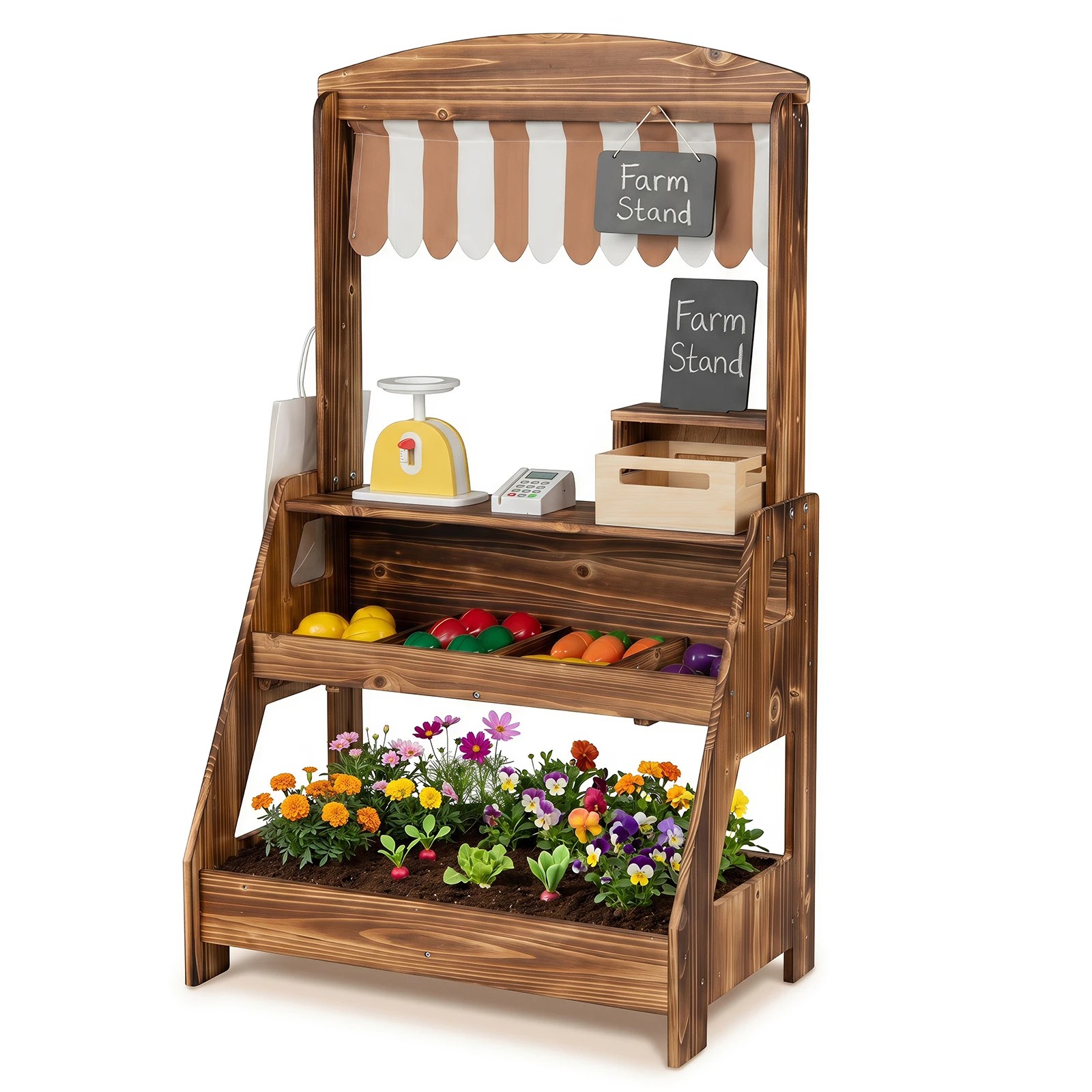 1 Costway Wood Mud Kitchen & Market Stand 2in1 Pretend Playset Planter Box 2 Chalkboard - Brown, 1 of 4