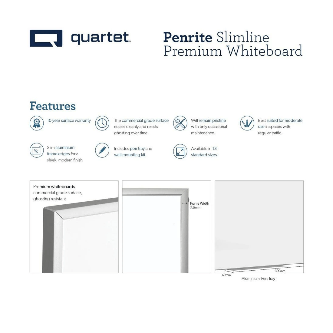 5 Quartet Penrite Slimline Premium Whiteboard 1800 x 1200mm, 5 of 5