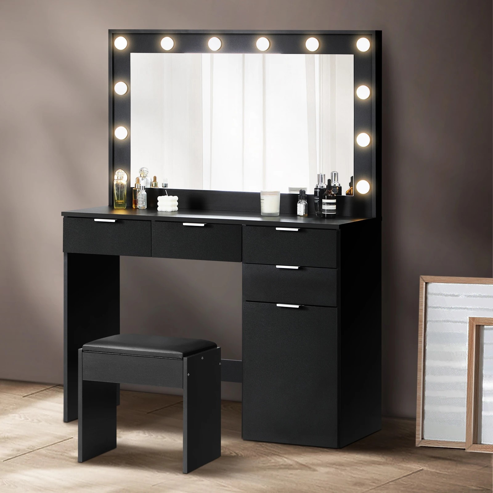 2 Oikiture Dressing Table Stool Set Makeup Large Mirror Dresser 12 Led Bulbs
 - Black, 2 of 9
