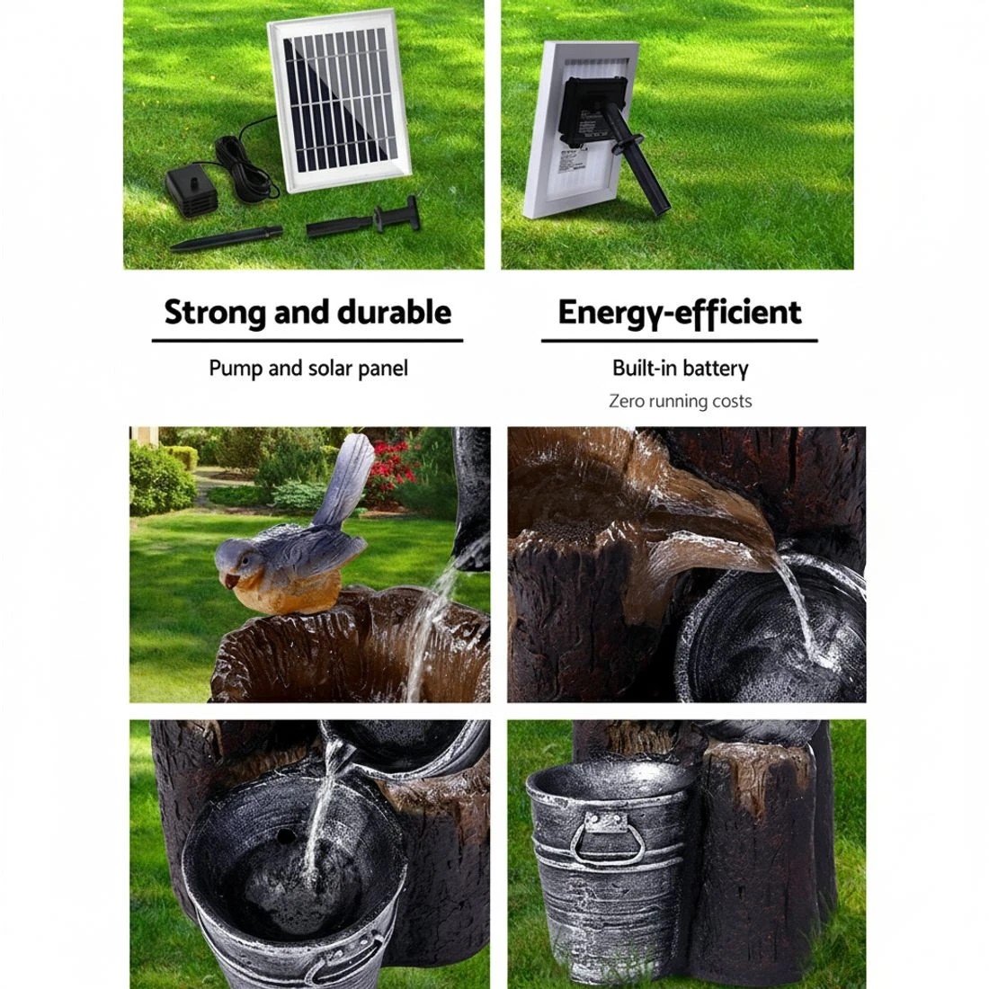 6 Gardeon Solar Water Feature Cascading Fountain 3-Tier Bucket LED light Bird - Black, 6 of 7