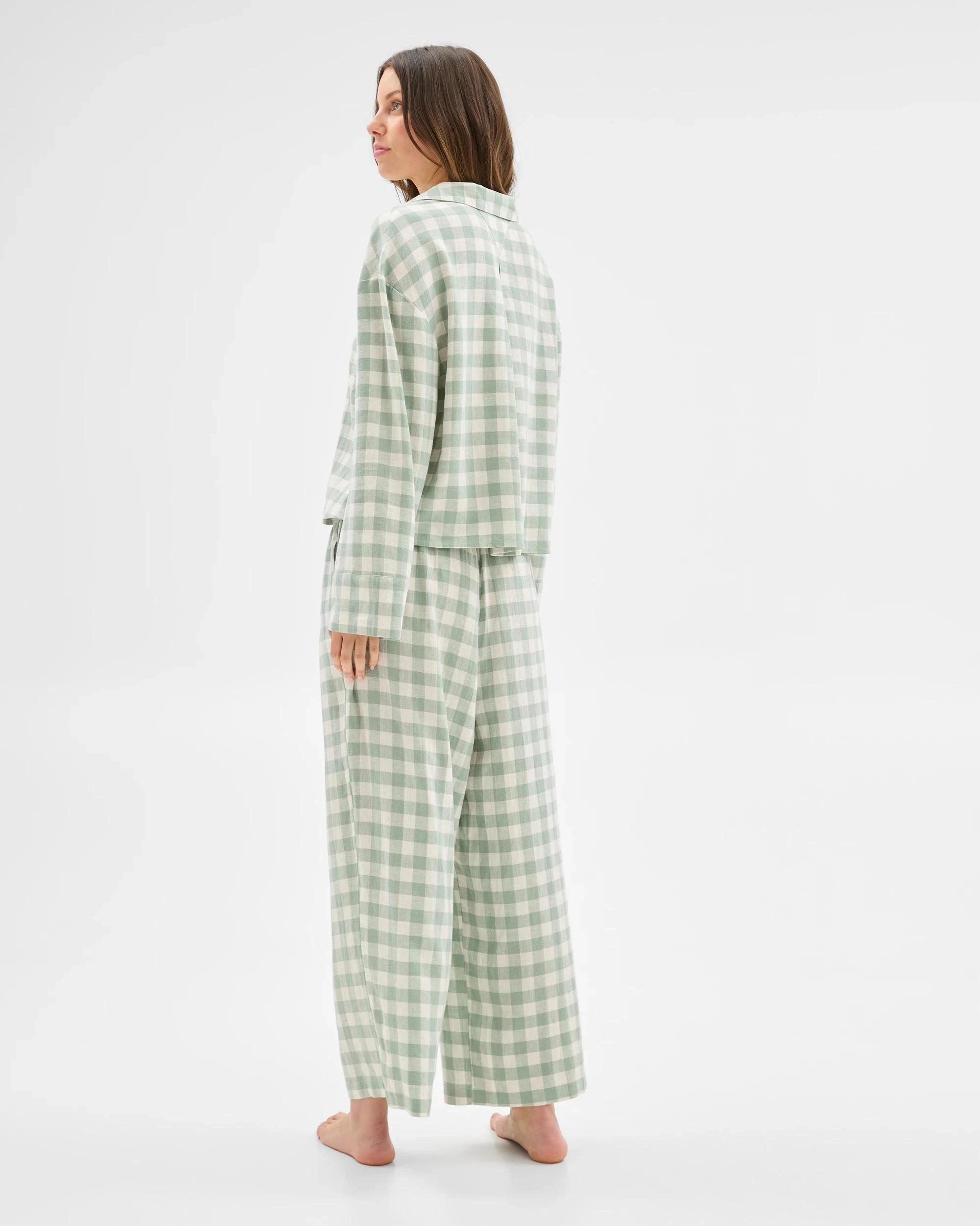 2 Target Womens Linen Blend Gingham Shirt and 7/8 Length Pant Pyjama Set JADEITE GREEN, 2 of 5