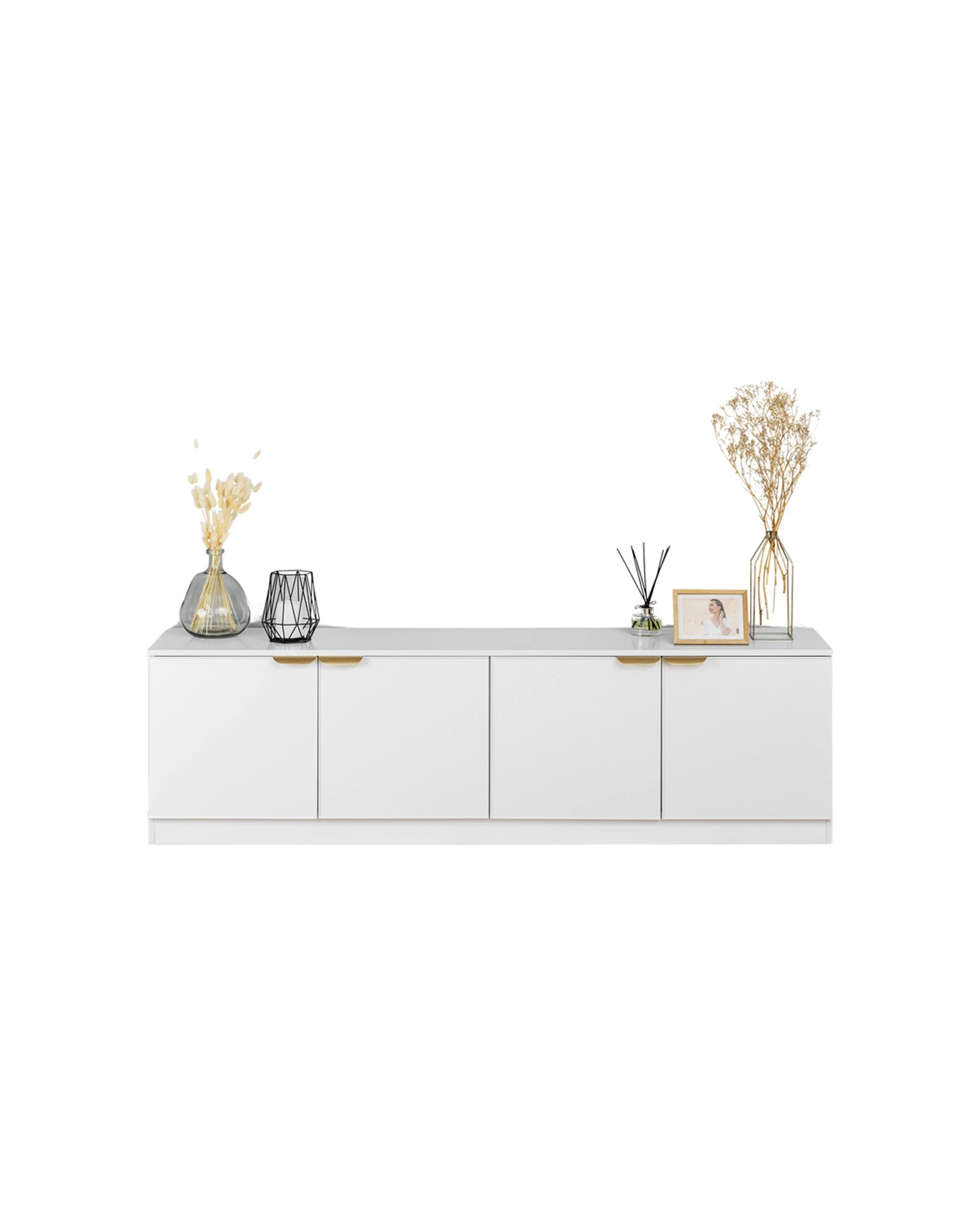 2 European Cabinetry Bucharest Slim Panel TV Unit Brass Pull Handle - White, 2 of 4