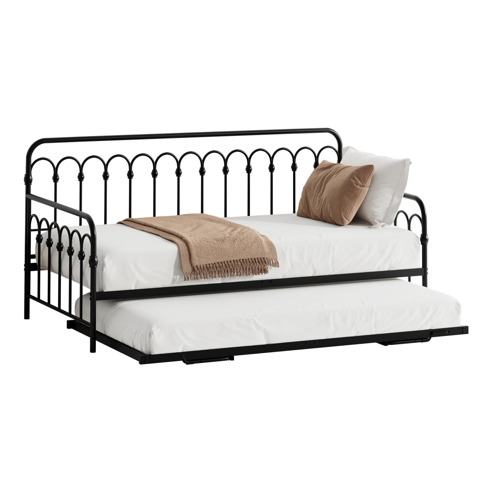 1 Oikiture Trundle Bed Frame Daybed Single Size Base Metal Single Beds X2
 - Black, 1 of 9