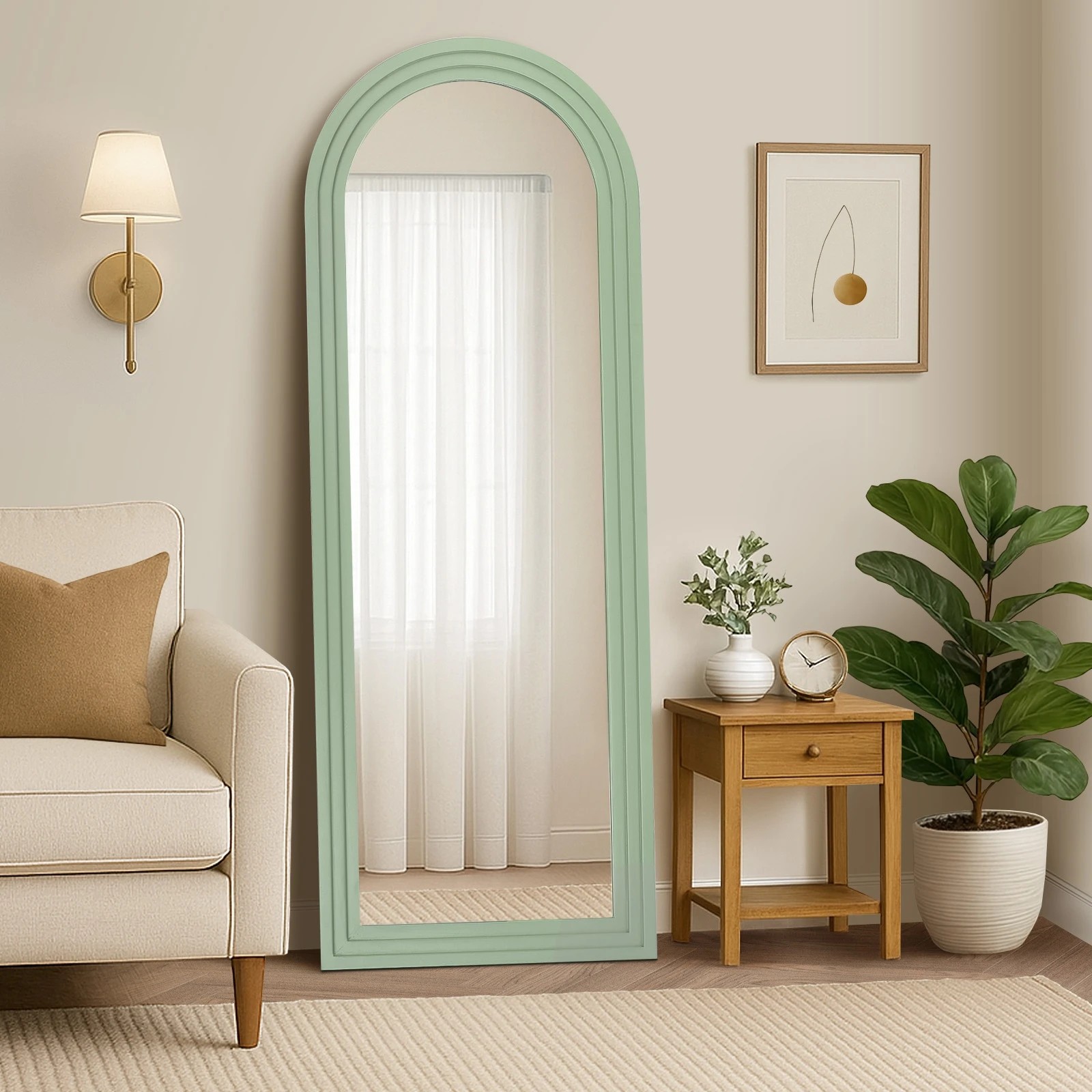 3 Oikiture Full Length Arch Mirror 165x60cm Wood Wall Mounted Home Decor - Green, 3 of 10
