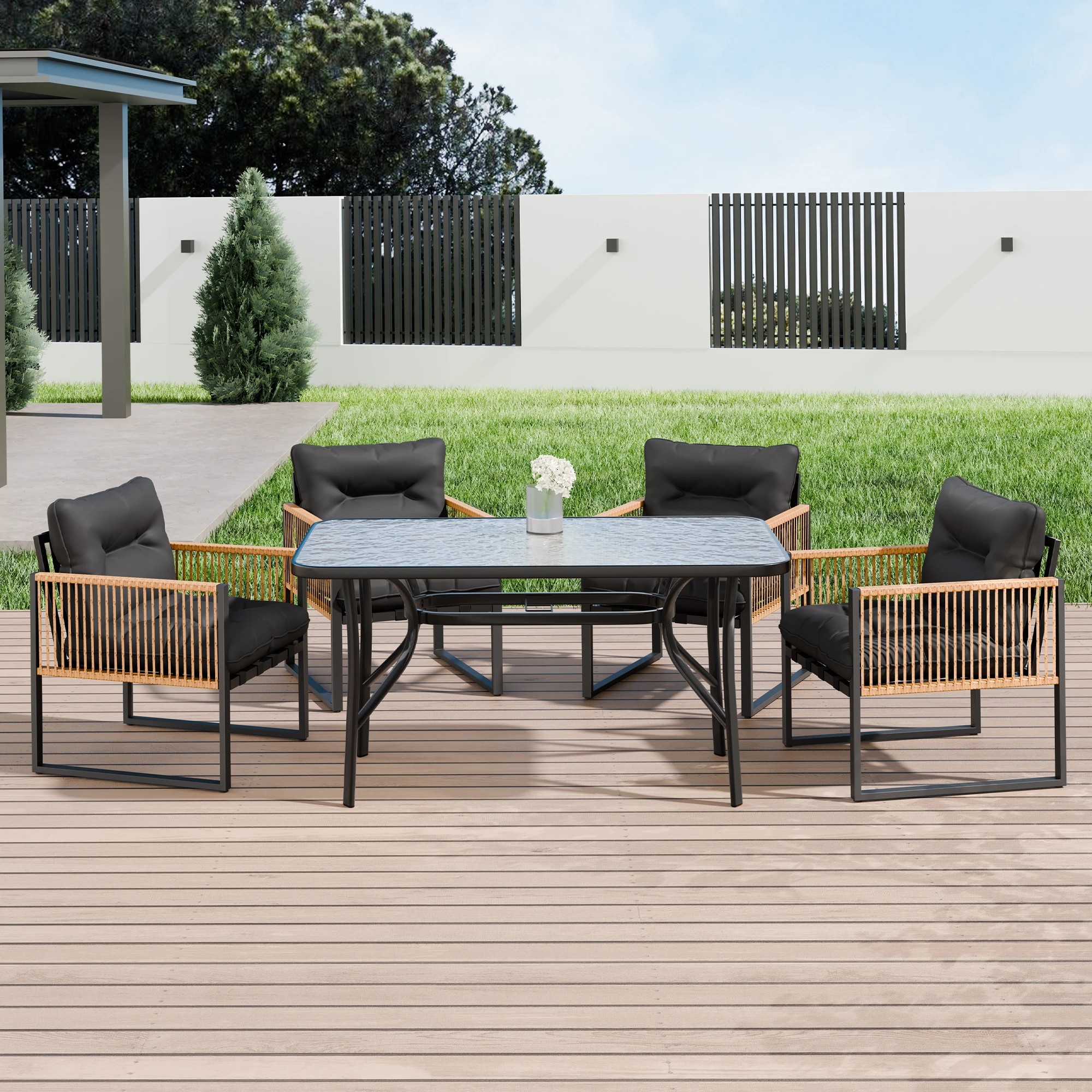 10 Alfordson Outdoor Furniture Setting Patio Dining Table Chair Set Wicker Glass - Black Grey, 10 of 10