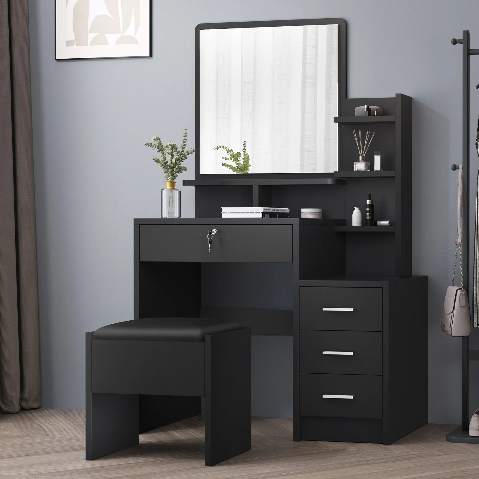2 Alfordson Dressing Table Stool Set Makeup Mirror Vanity Desk Black - Black, 2 of 10