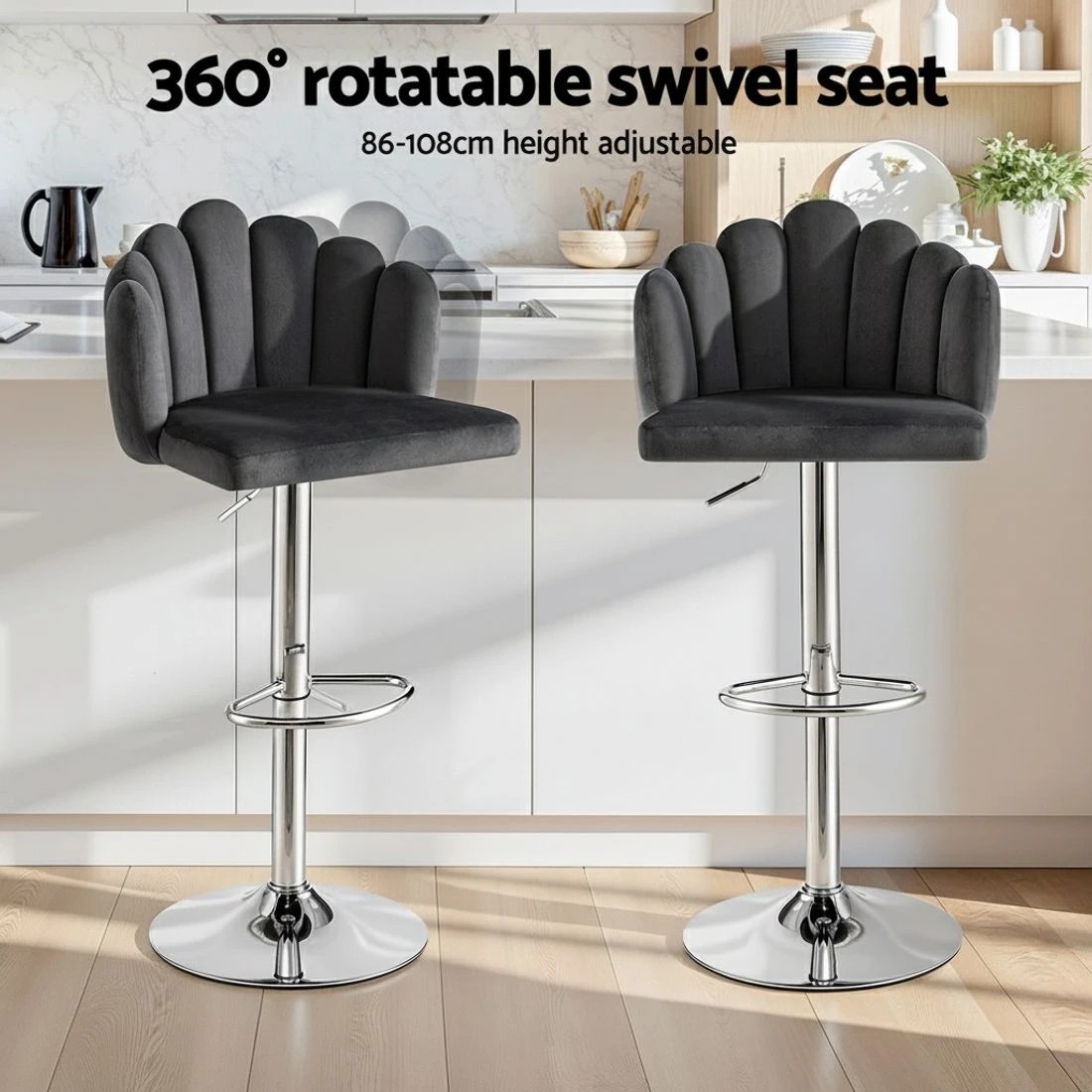 4 Artiss Bar Stool X4 Kitchen Dining Counter Gaslift Chair Adjustable Velvet - Grey, 4 of 6