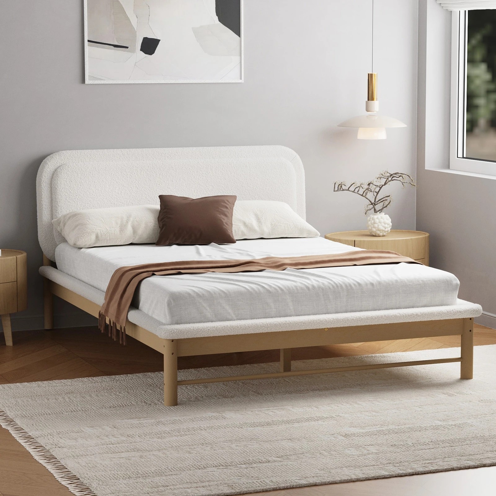 3 Oikiture Wooden Pine Bed Frame with Boucle Upholstery Queen - Beige, 3 of 9