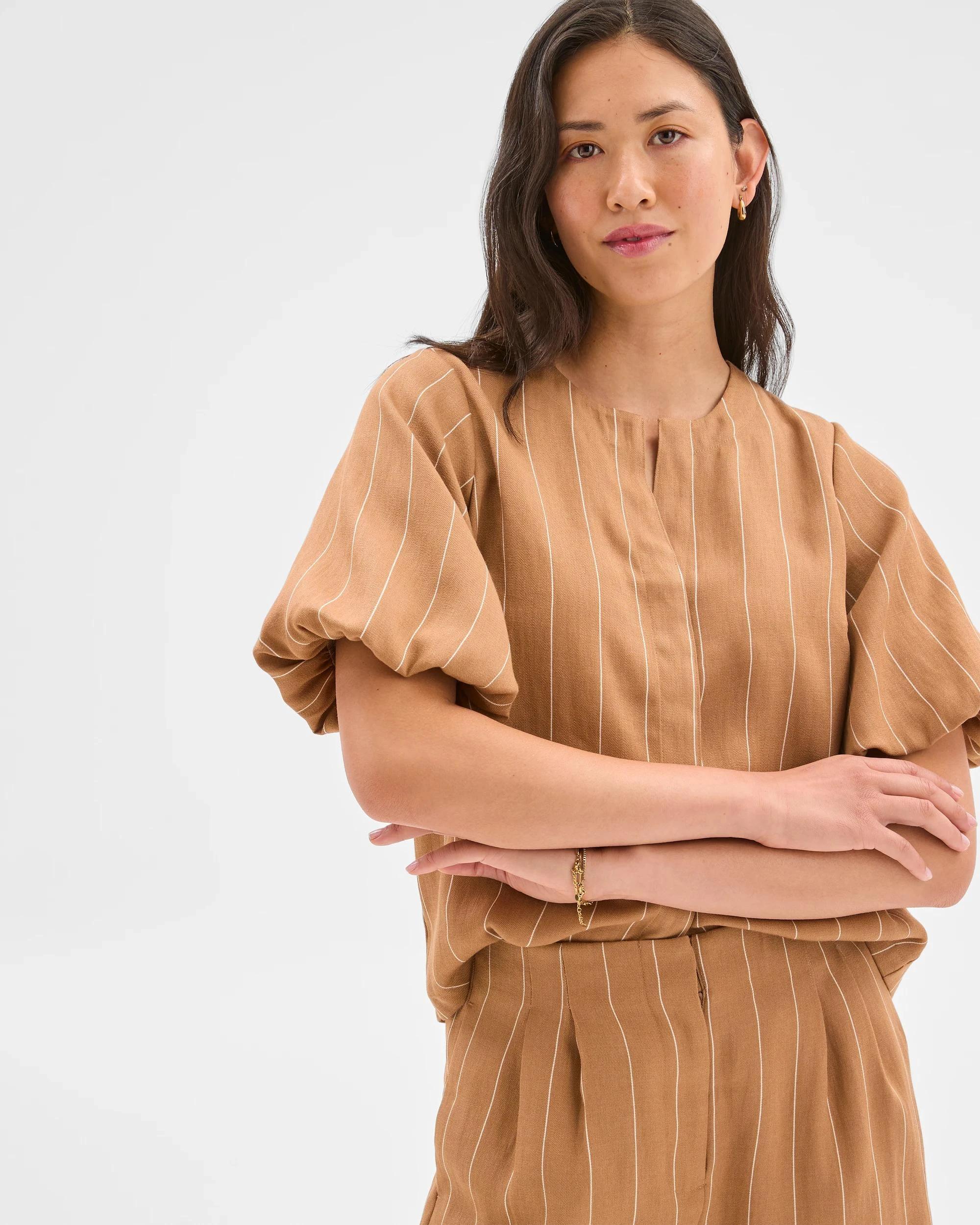 3 Puff Sleeve Blouse - Preview CARAMEL STRIPE, 3 of 6
