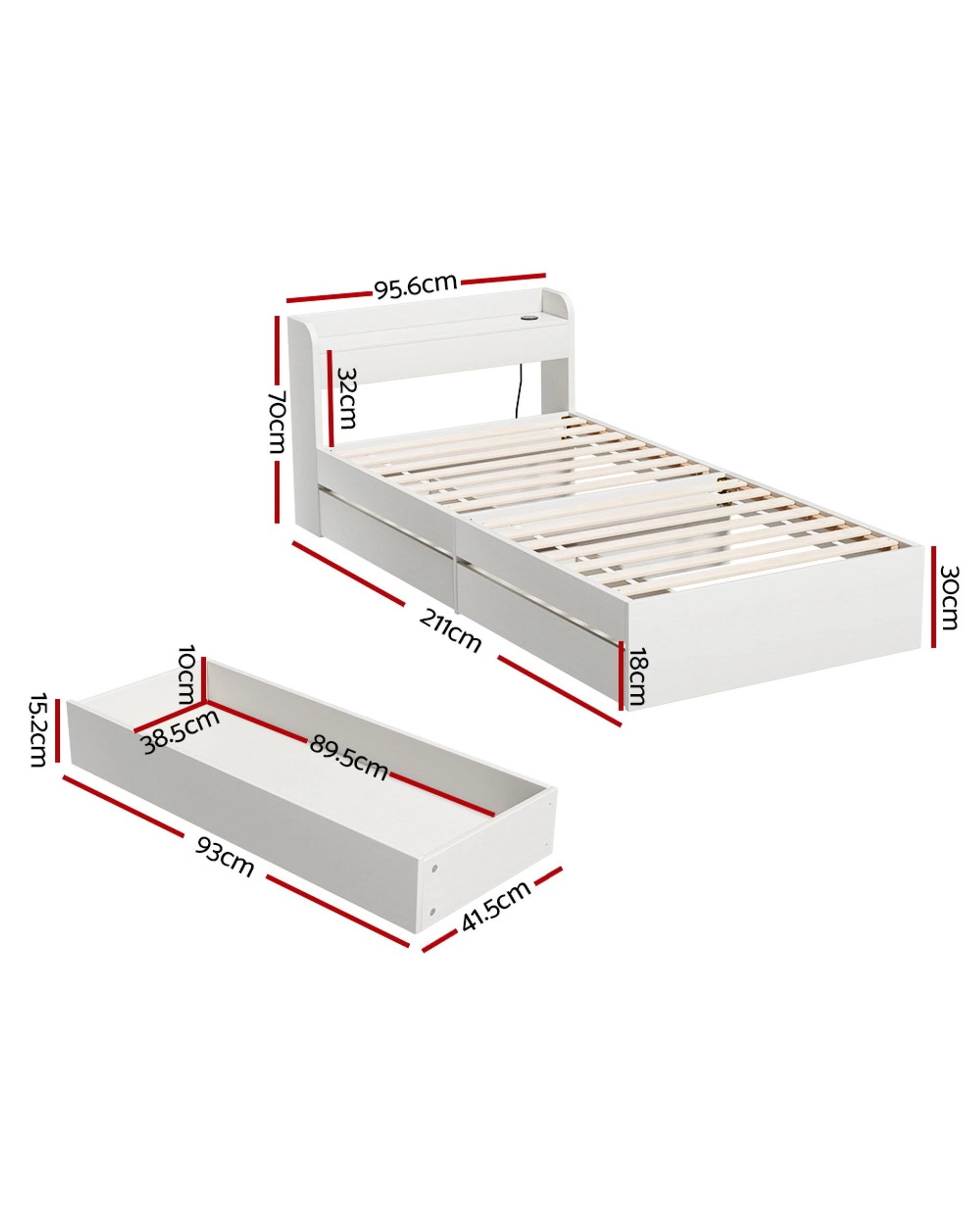 3 Artiss Bed Frame Single Size With Charging Ports And 2 Drawers
 - White, 3 of 3