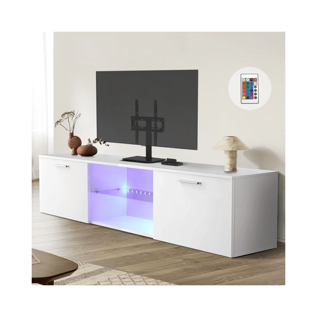 3 Advwin Tv Cabinet 160cm Led Entertainment Unit Stand Glass Shelf White, 3 of 10