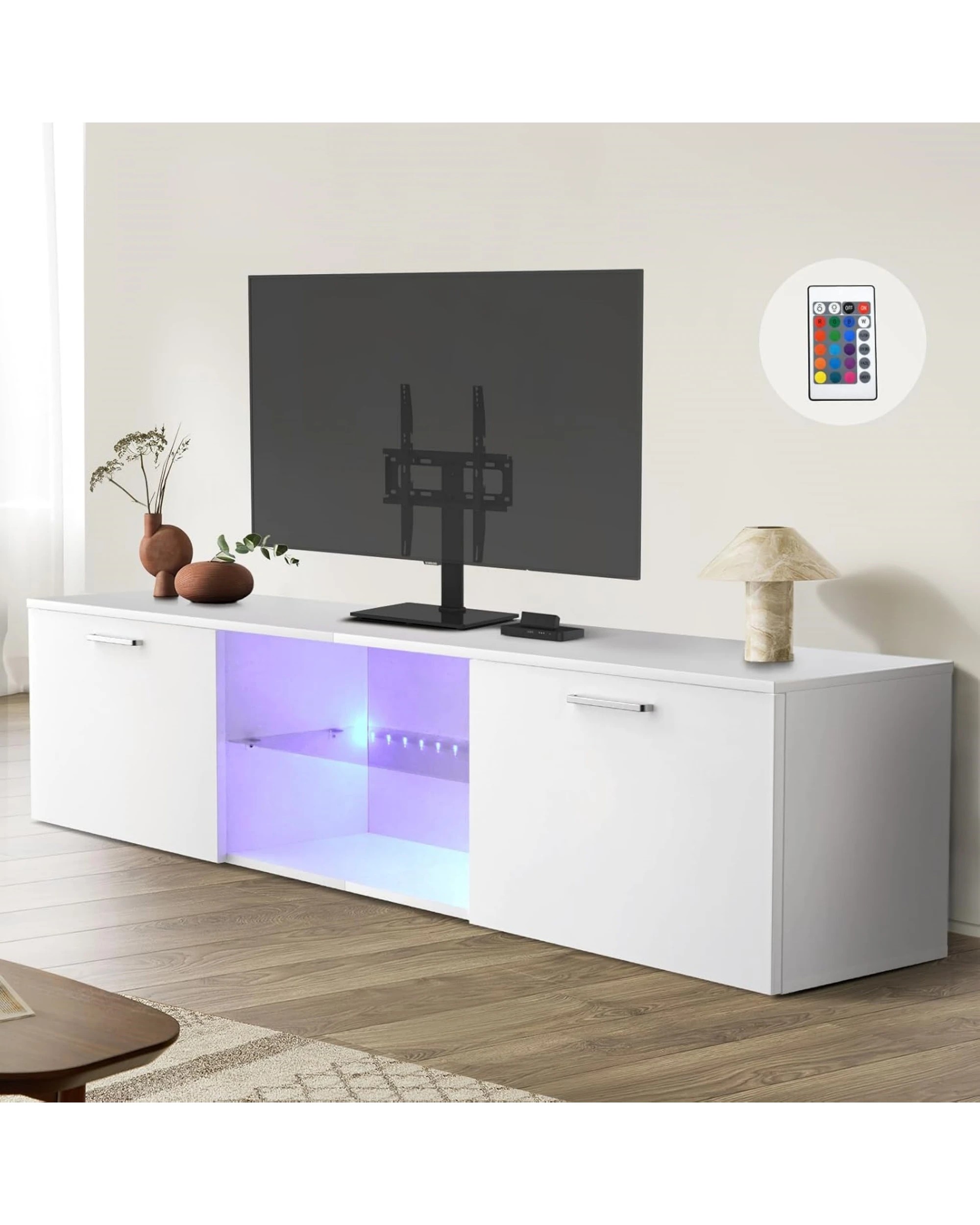 2 Advwin Tv Cabinet 160cm Led Entertainment Unit Stand Glass Shelf White, 2 of 9