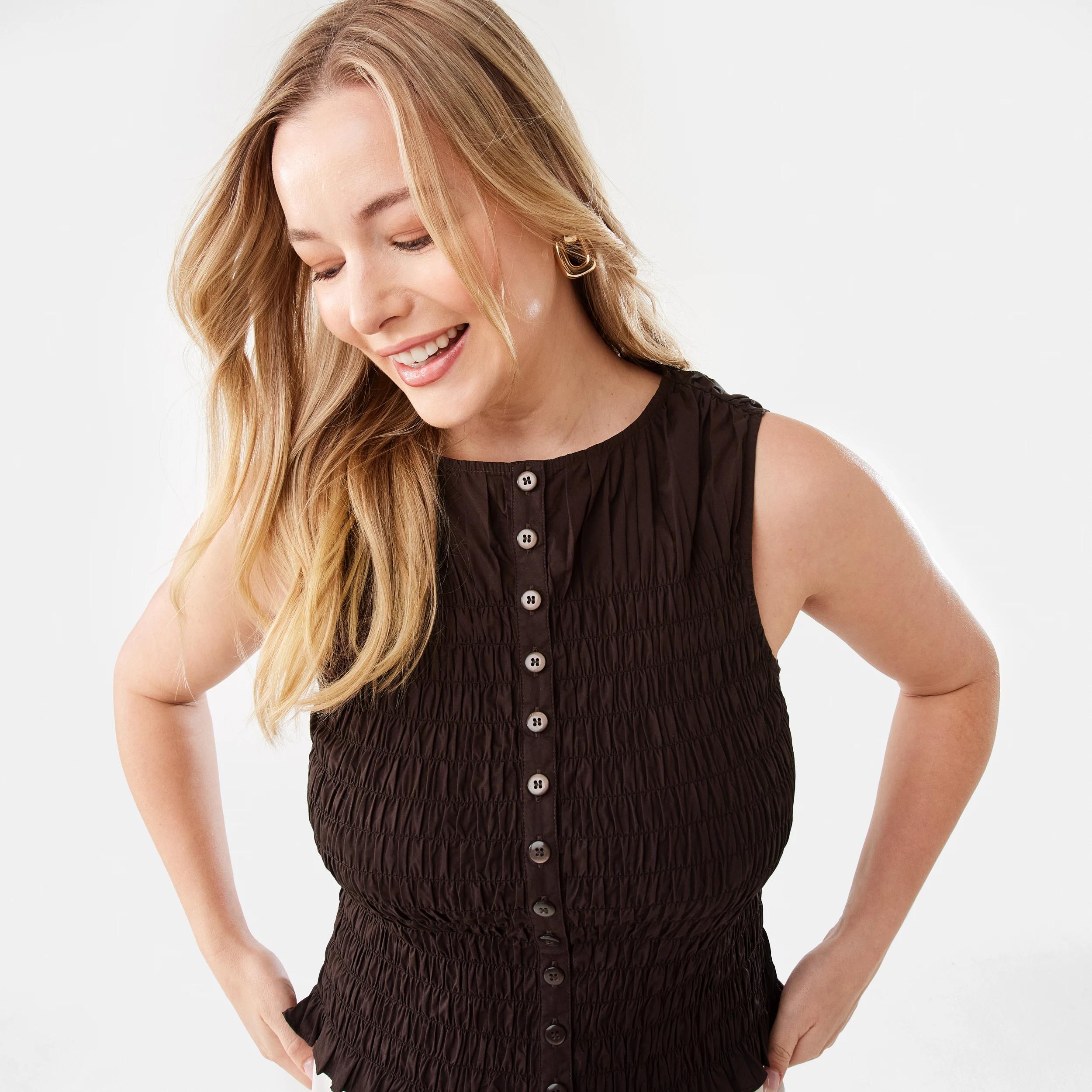 5 Sleeveless Shirred Button Through Top MELTED CHOCOLATE, 5 of 8
