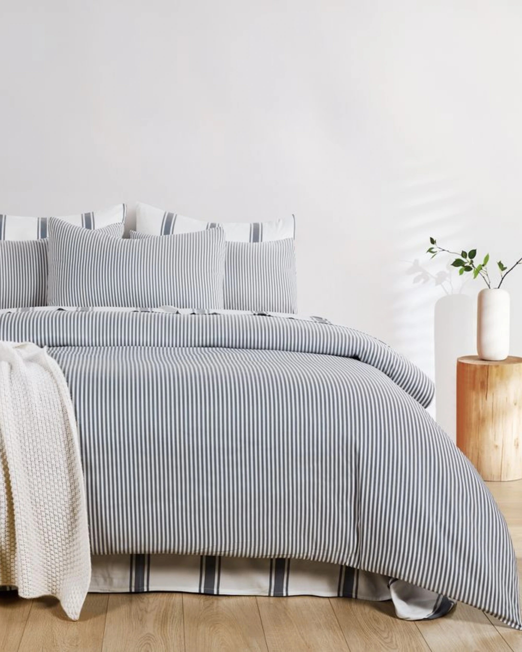 1 CleverPolly Yarn-Dyed Washed Microfibre Quilt Cover Set - Double Bed - Thin Stripe Steel Blue, 1 of 6
