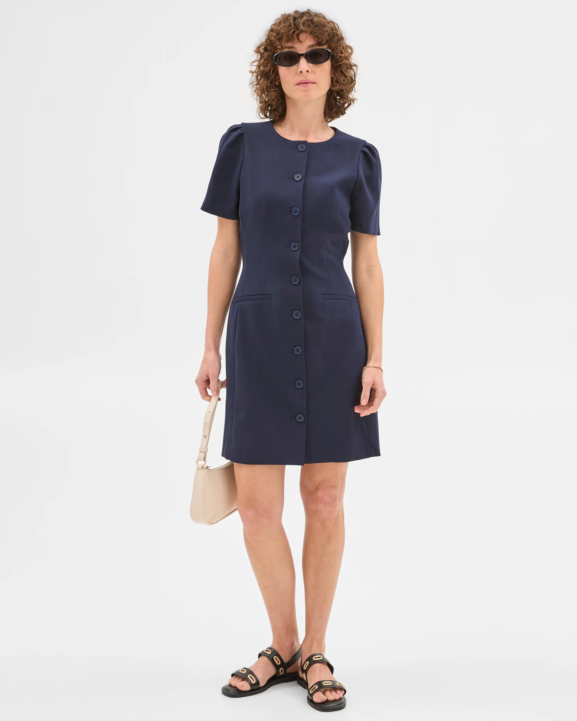 4 Crepe Tailored Puff Sleeve Dress - Preview NAVY BLUE, 4 of 6