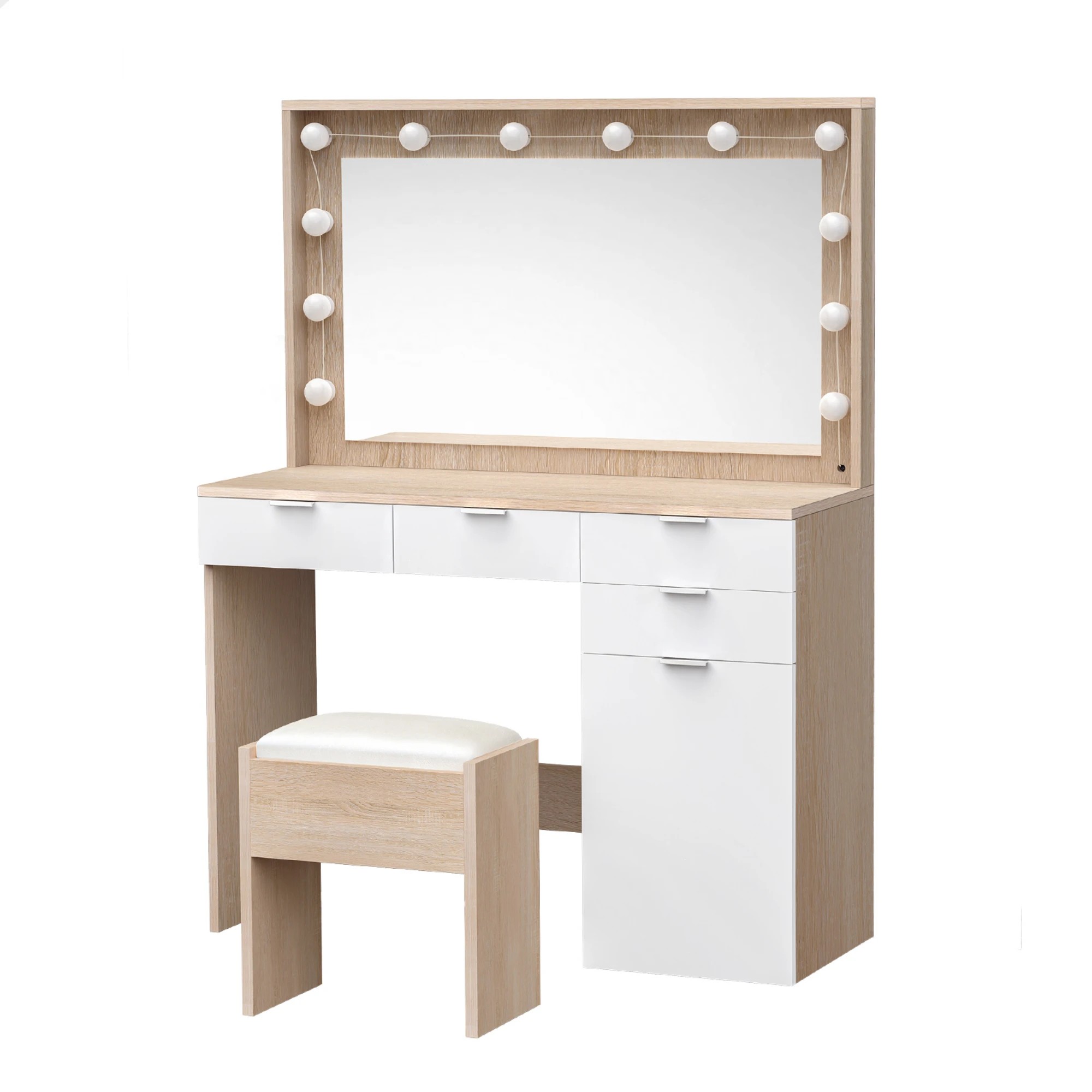 1 Alfordson Dressing Table Stool Set Makeup Mirror Desk 12 LED Bulbs - Oak, 1 of 10