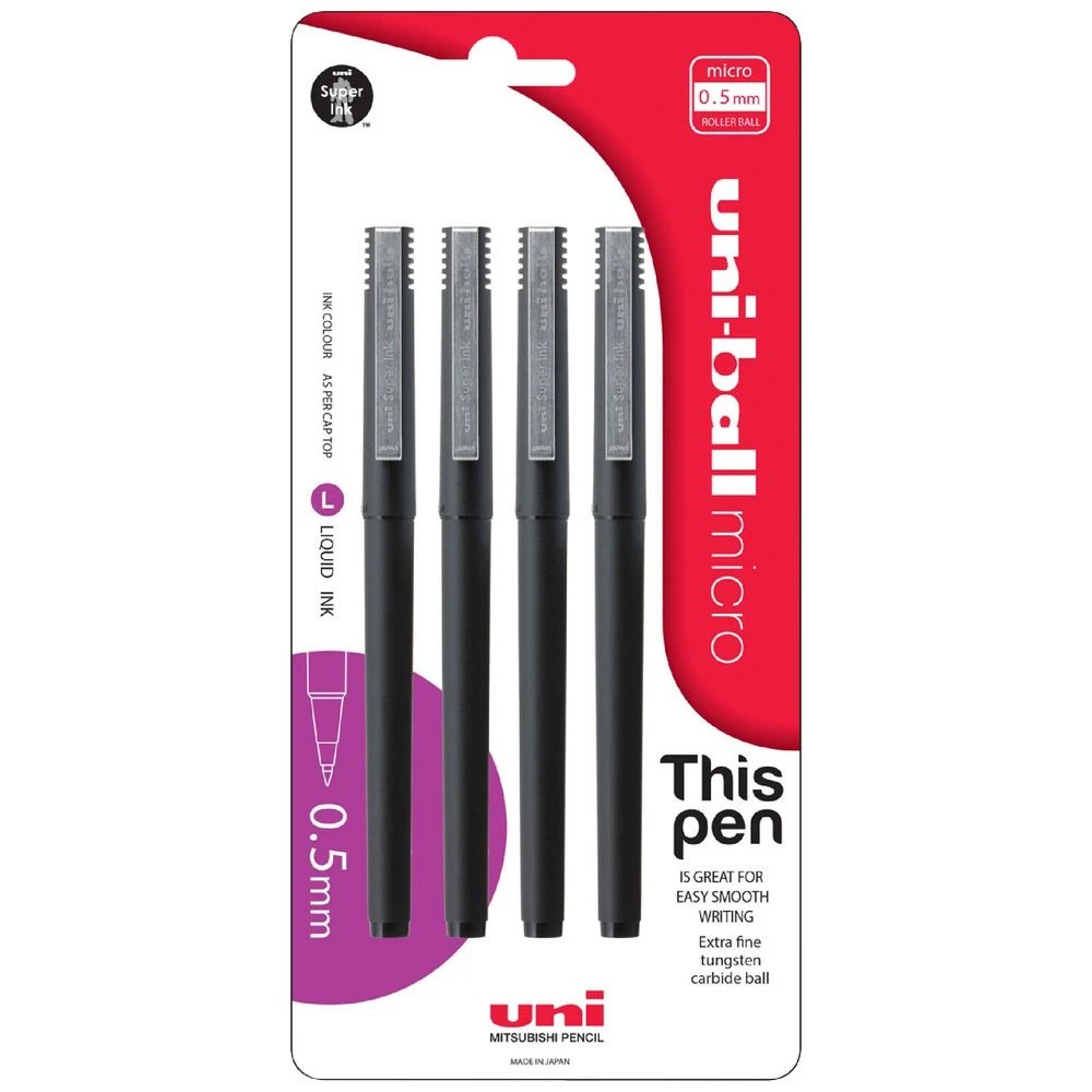1 Uni-Ball Micro Rollerball Pens Black 4 Pack, 1 of 3