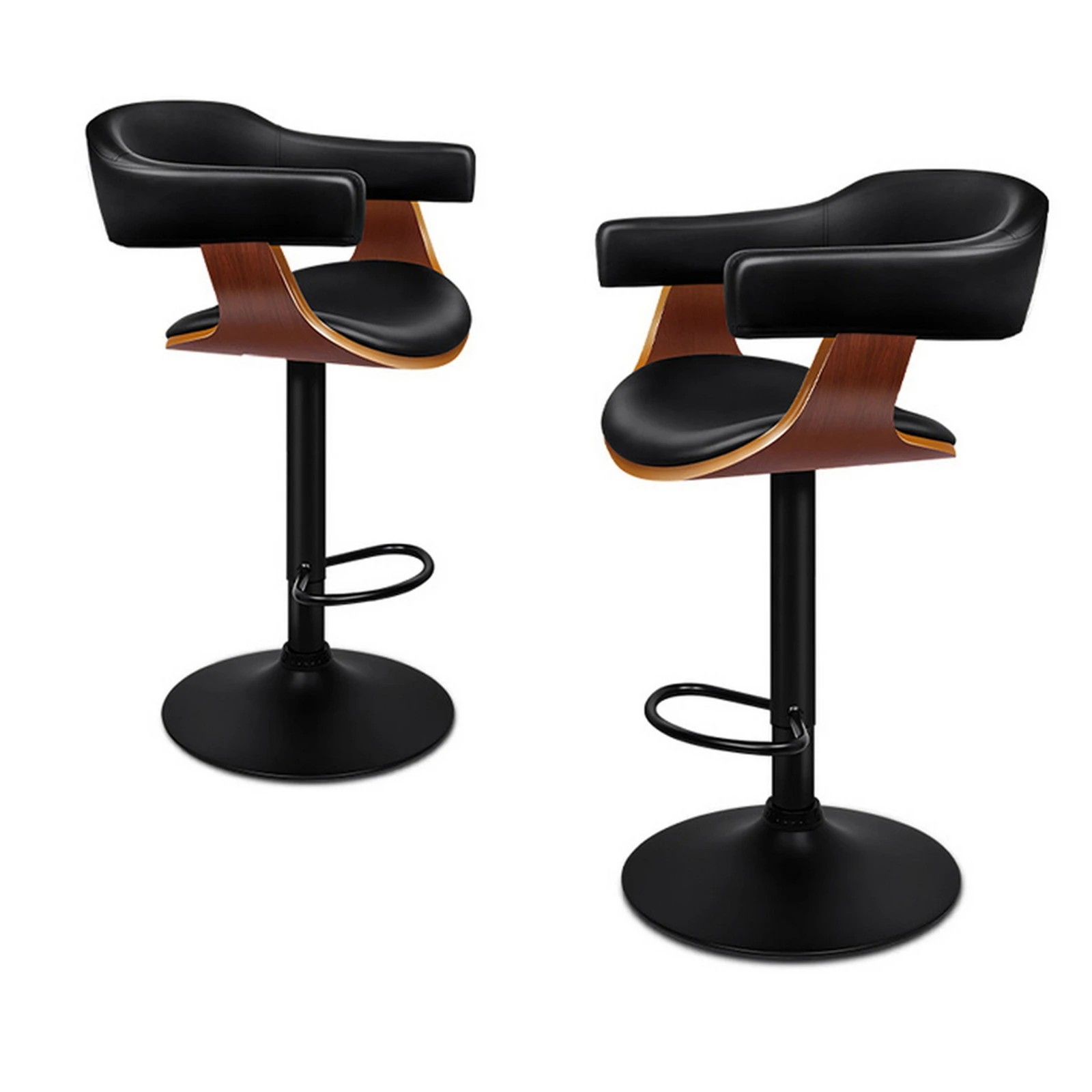 1 Alfordson 2x Bar Stool Joan Kitchen Swivel Chair Wooden Leather Gas Lift - Black, 1 of 10
