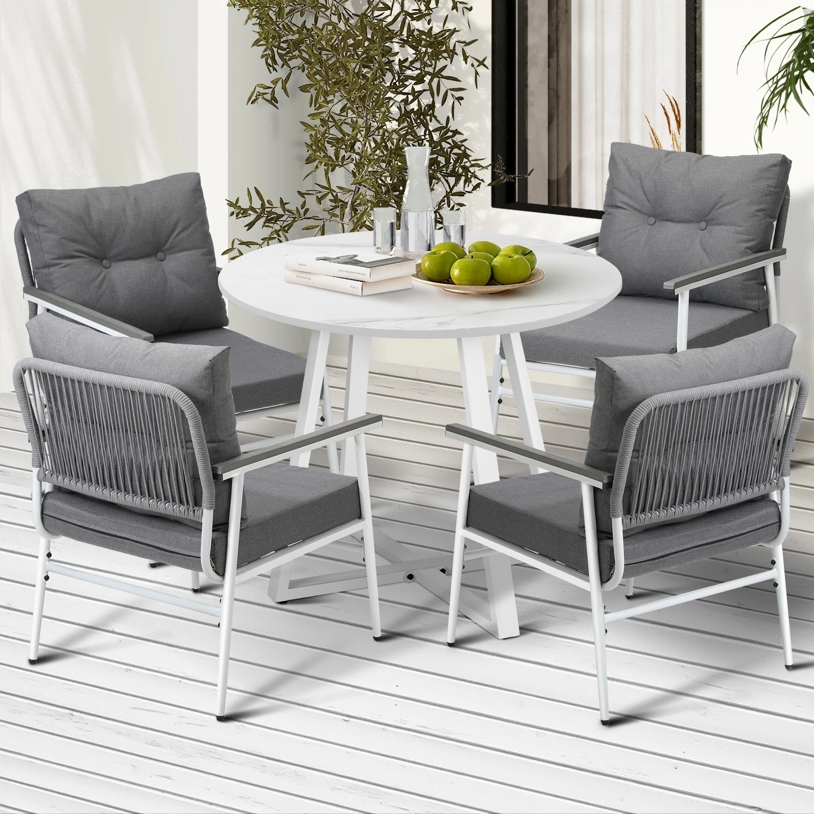 3 Livsip Outdoor Dining Setting Patio Furniture Set 4 Seater Round Table Chair - White, 3 of 9
