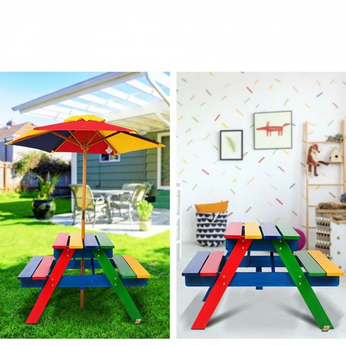 4 Keezi Kids Outdoor Table and Chairs Picnic Bench Set Umbrella Colourful - Multi, 4 of 8