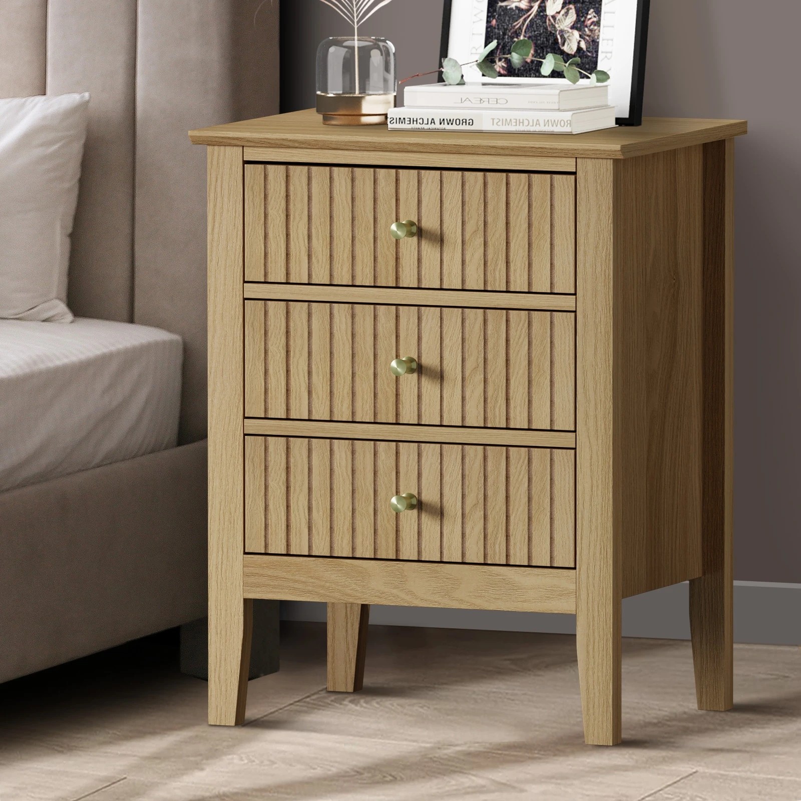 2 Oikiture Bedside Table 3 Drawers Side End Storage Furniture Nightstand
 - Natural, 2 of 6