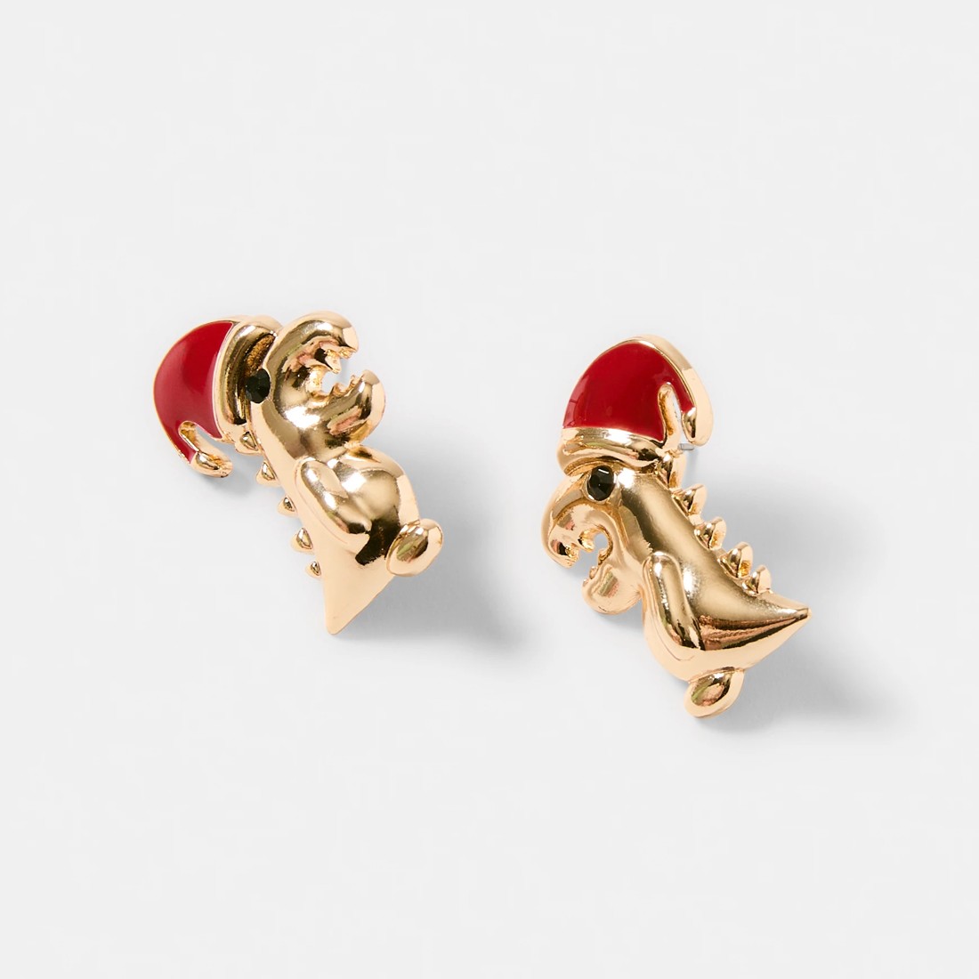 2 Christmas Dinosaur Earrings - Gold Tone and Red, 2 of 5