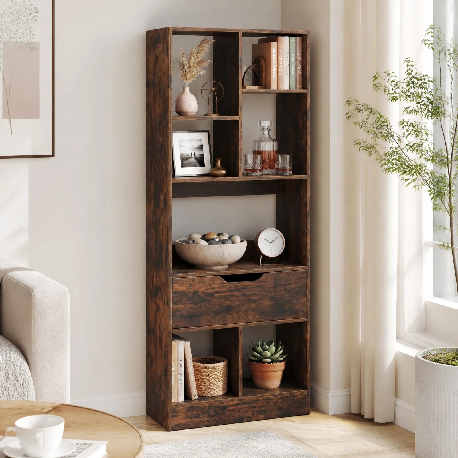 2 Costway 7 Cube Tall Bookshelf Bookcase w/Drawer Floor Display Rack Home Office - Brown, 2 of 5