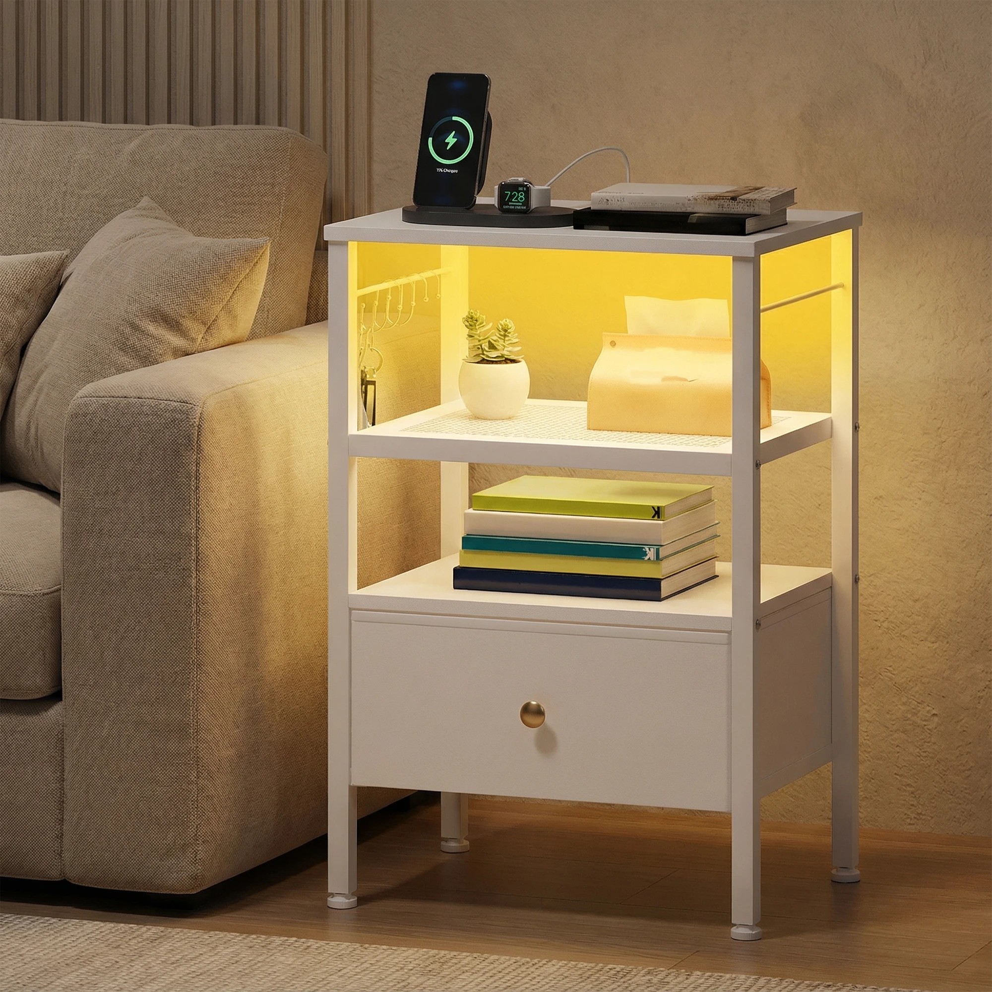 2 Advwin Bedside Table with Fabric Drawer Charging Station LED Lights - White, 2 of 5