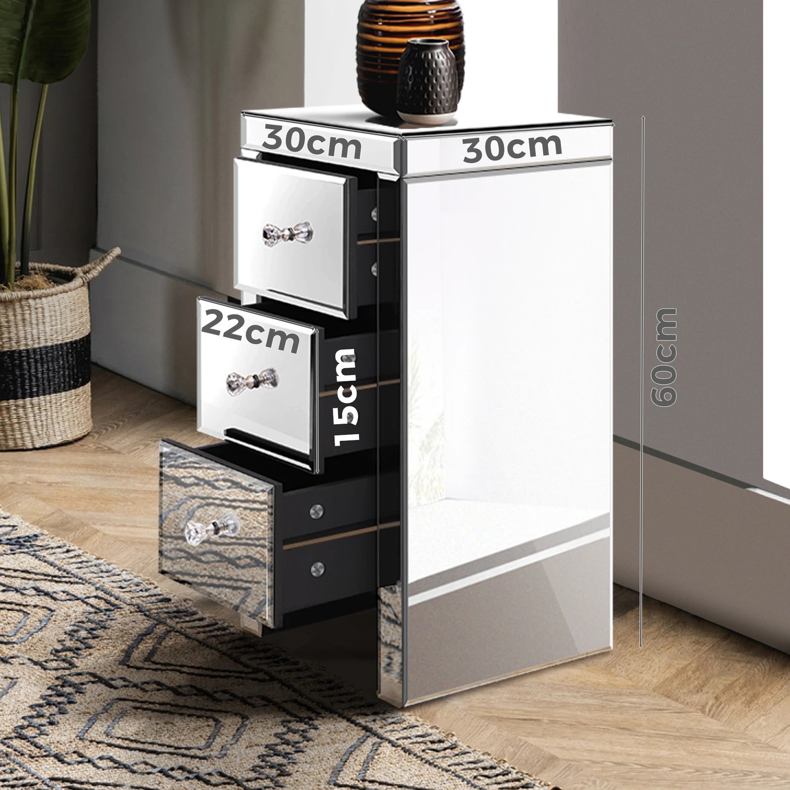 6 Alfordson Bedside Table Mirrored Cabinet Nightstand Side End Table Drawers - Silver, 6 of 10