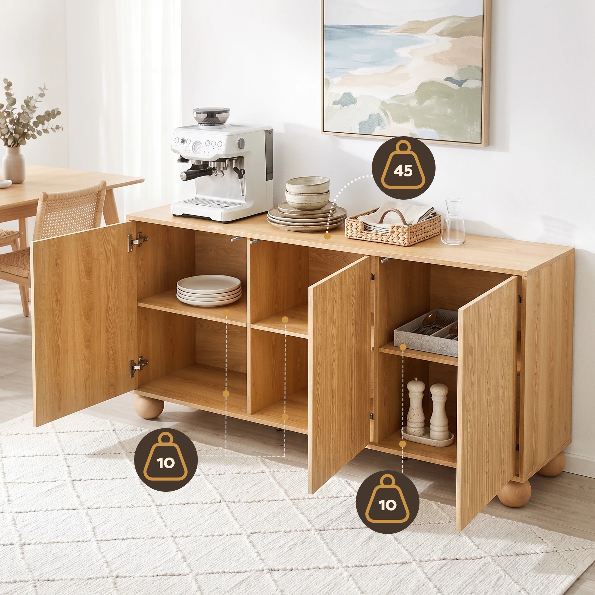 5 Artiss Buffet Cabinet Sideboard 2-Tier Kitchen Storage Ball Legs180cm - Natural, 5 of 10