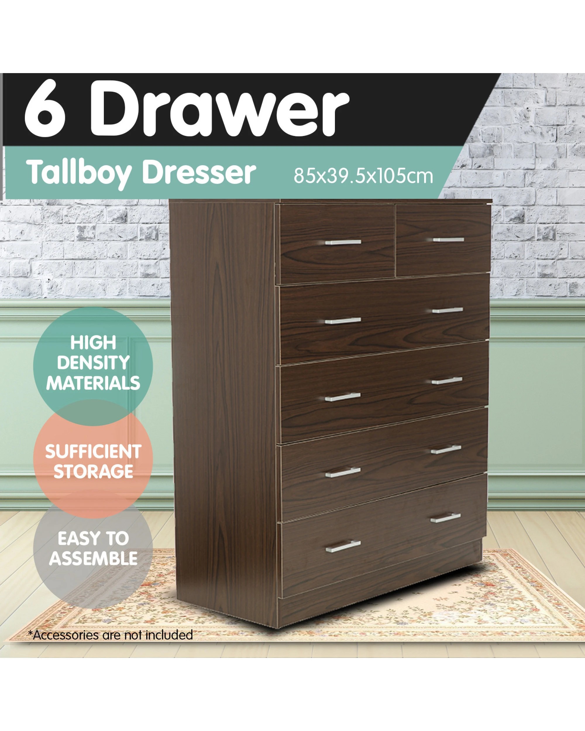 4 Sarantino Tallboy Dresser 6 Chest Of Drawers Cabinet Storage 85 X 39.5 X 105 In Brown, 4 of 7