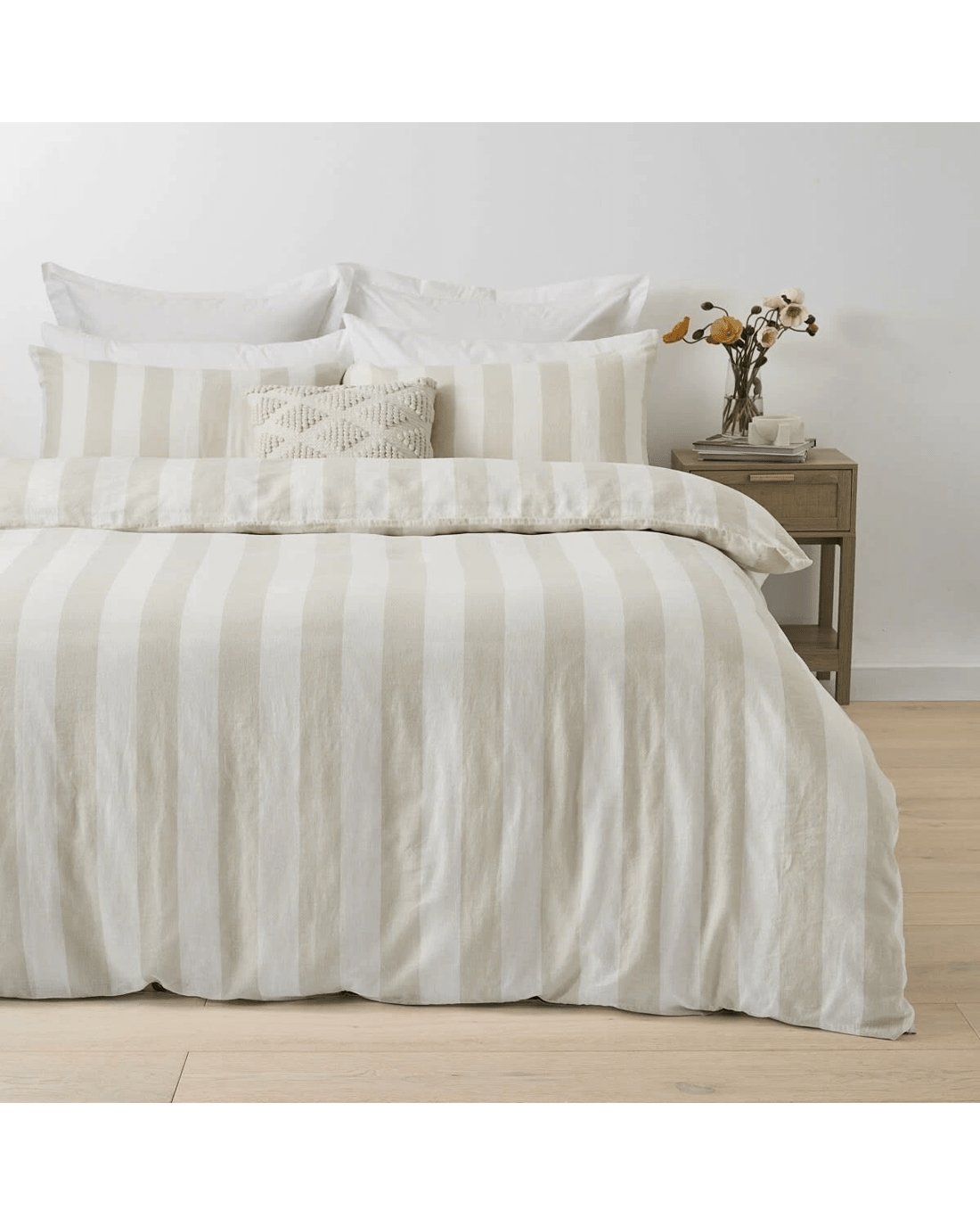 1 Stripe Linen Cotton Quilt Cover Set - Queen Bed, Natural, 1 of 7