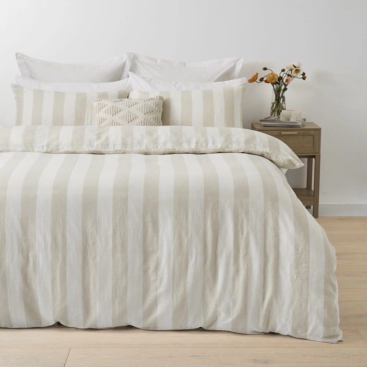 1 Stripe Linen Cotton Quilt Cover Set - Queen Bed, Natural, 1 of 7