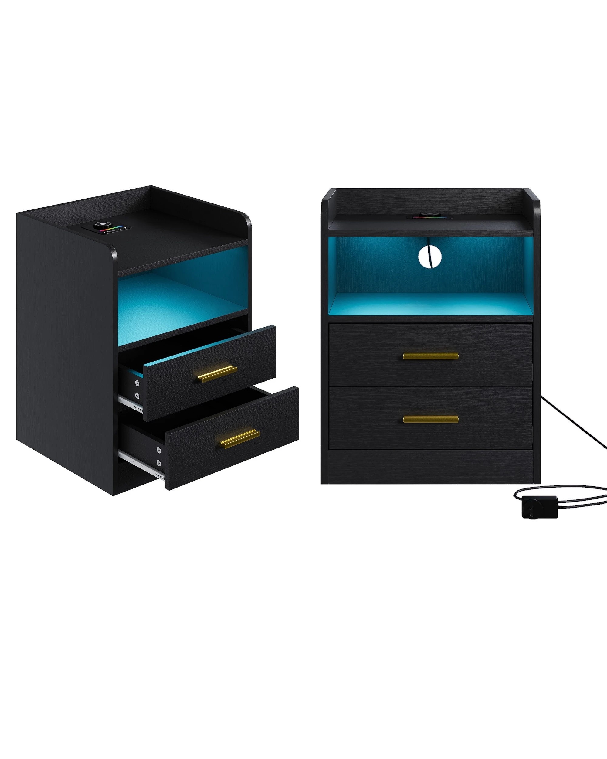 1 Advwin Set of 2 LED Bedside Table with 2 Drawers Wireless Charging Station - Black, 1 of 9