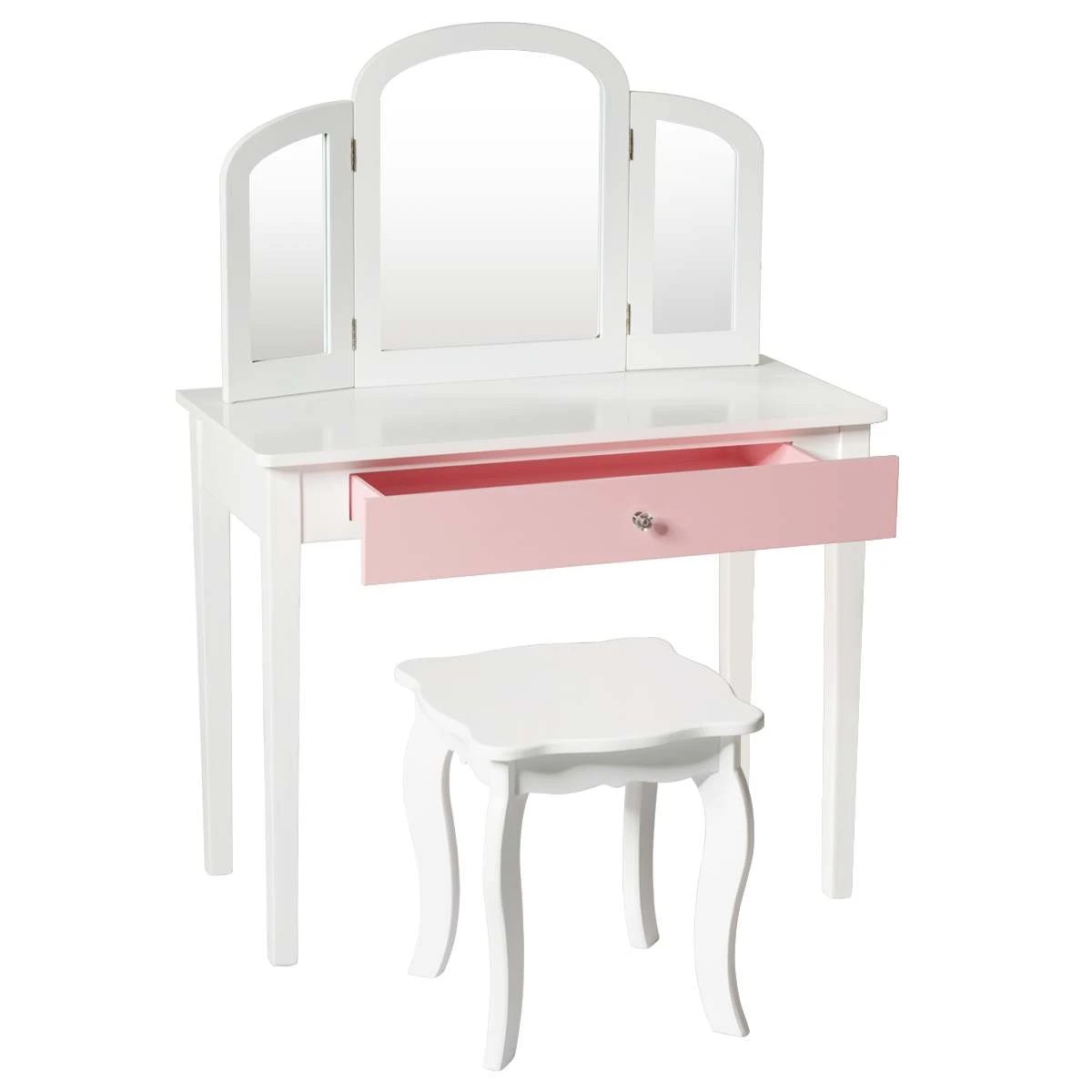 1 Costway Makeup Dressing Table Stool Set Folding Mirror White, 1 of 3