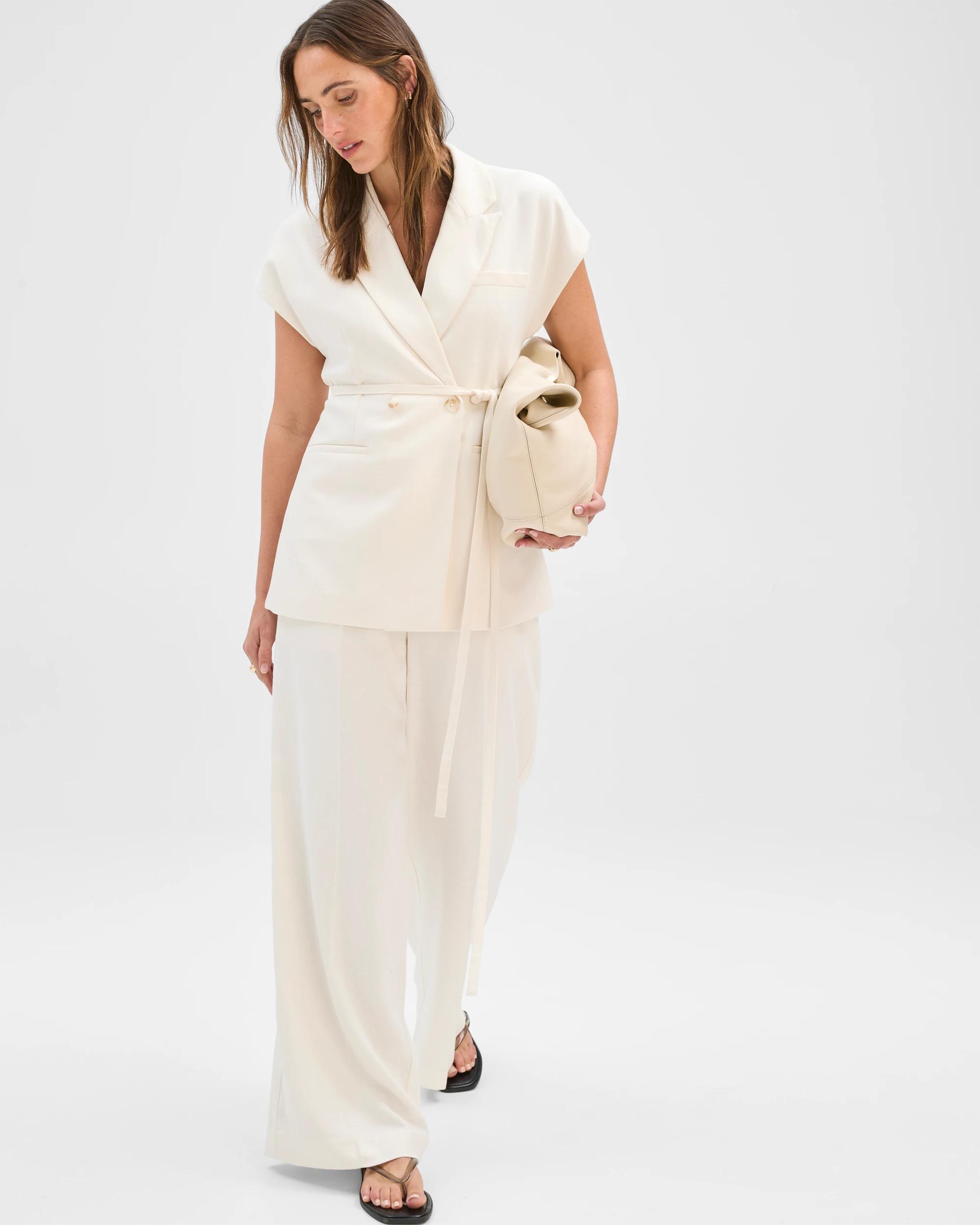2 Preview Linen Blend Tailored Tie Waist Vest CLOUD DANCER, 2 of 7